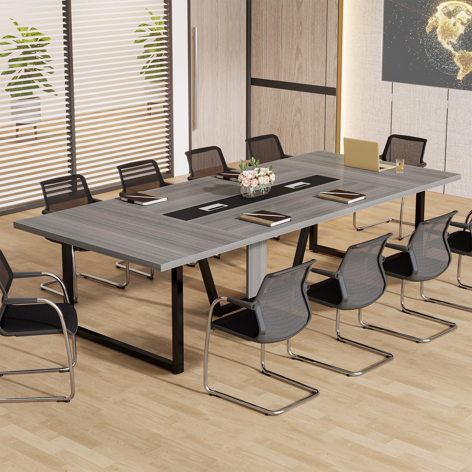 8FT Conference Table, 94.49 L x 47.24 W x 29.53 H Inches Large Meeting Podcast Table for 10 People, Business Style Wooden Training Table with Strong Metal Frame for Office Conference