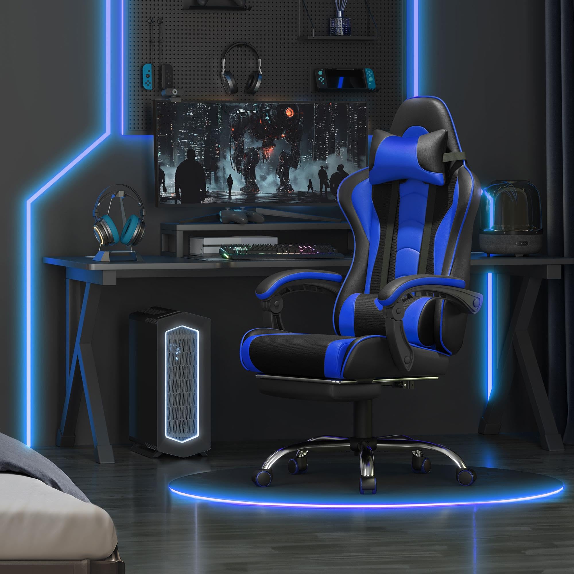 Gaming Chair, Video Game Chair with Massage Lumbar Support and Footrest Height Adjustable Ergonomic Computer Chair with Swivel Seat and Headrest Black/Blue