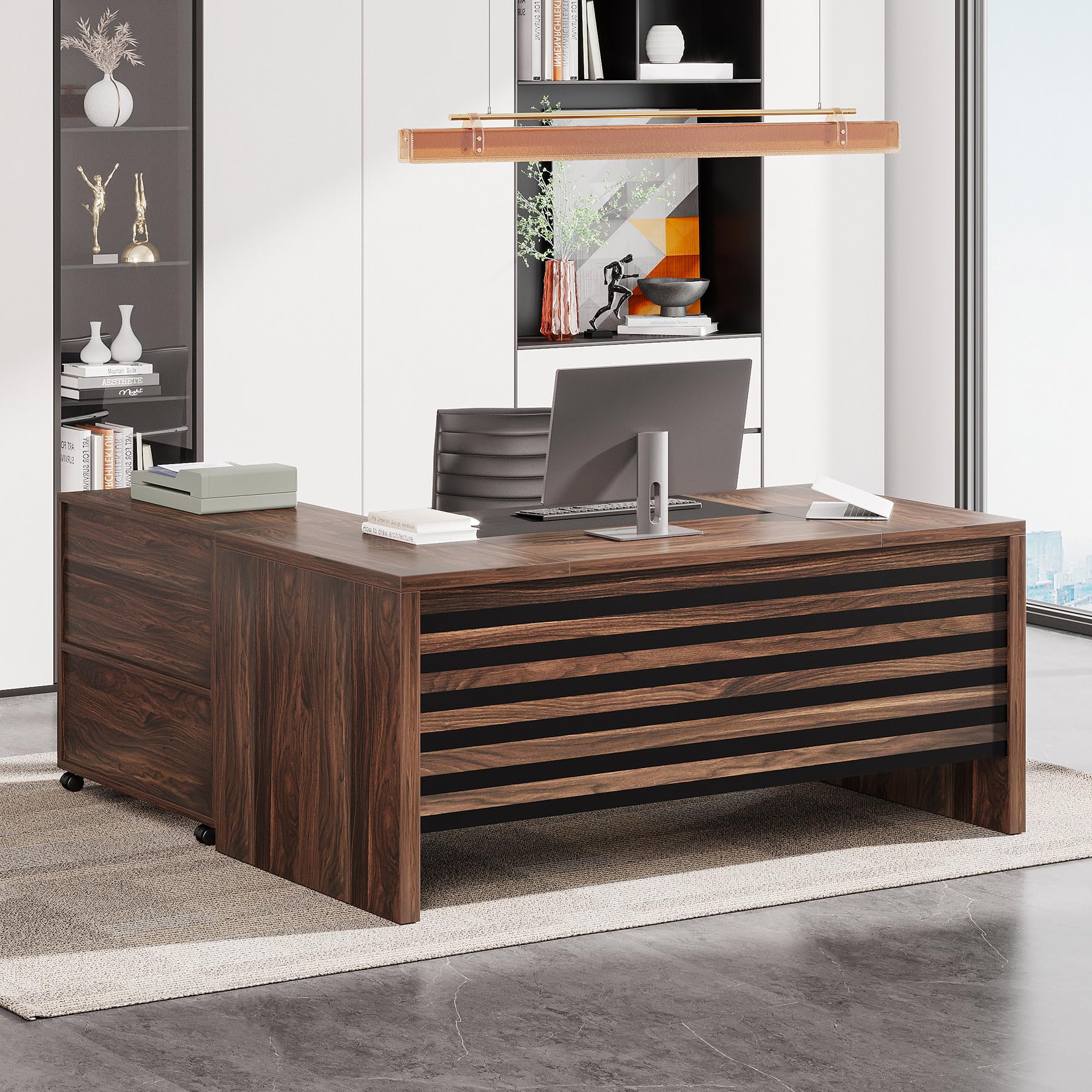 62.2" Executive Desk with Mobile File Cabinet, L-Shaped Office Desk with Storage Shelves, Large Computer Table Business Workstation Set for Home Office, Dark Brown