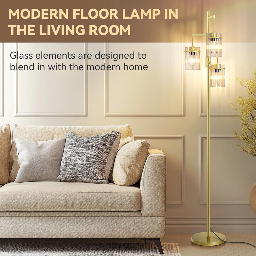 Crystal Gold Glass Tree Floor Lamp for Living Room for Farmhouse Industrial