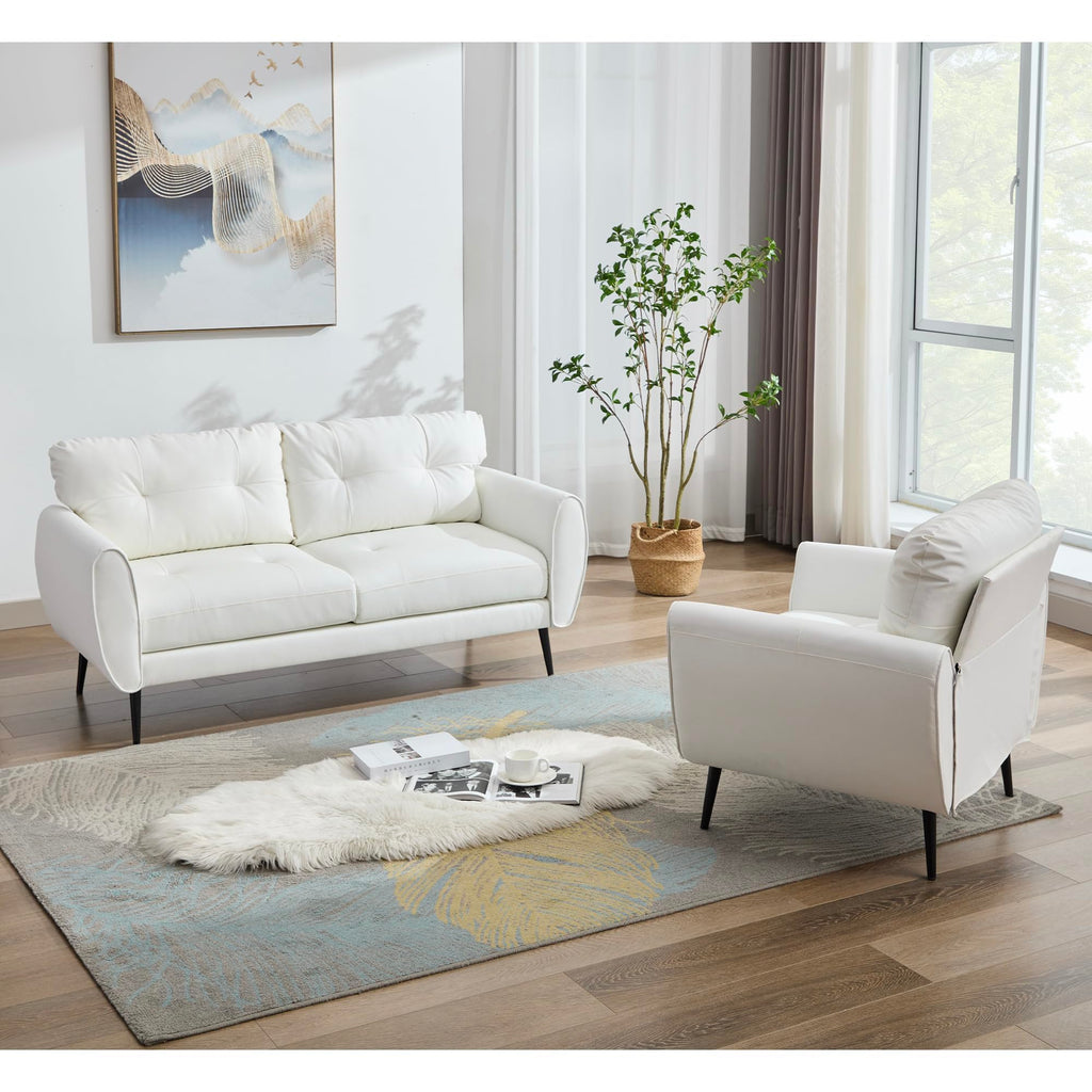 Sofa Couch 61" Small Loveseat Couches for Living Room Leather Couch Mid Century Modern Tufted Mini Sofa Comfy Office 2 Seat Settee Love Seat for Small Spaces Bedroom (3, White)