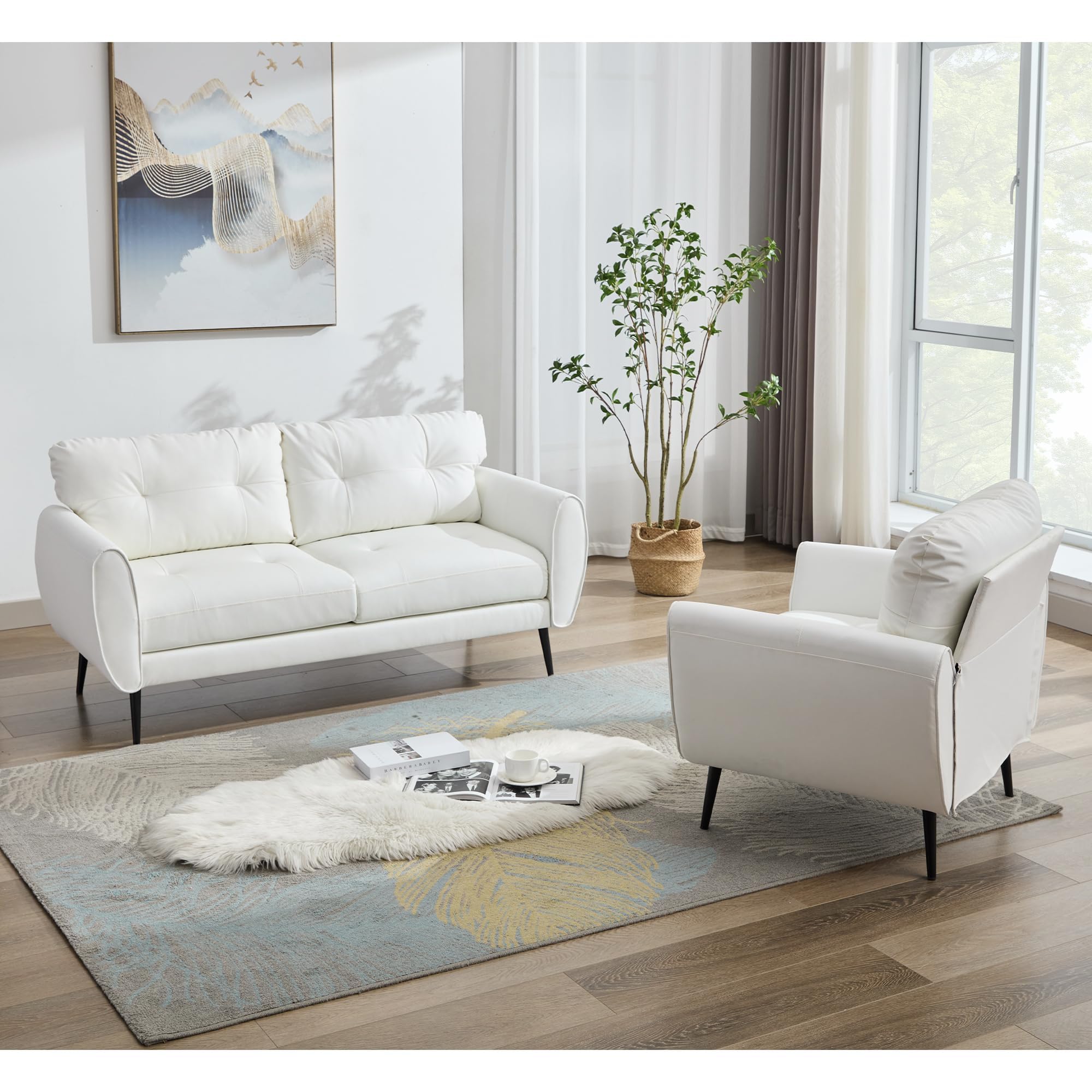 Sofa Couch 61" Small Loveseat Couches for Living Room Leather Couch Mid Century Modern Tufted Mini Sofa Comfy Office 2 Seat Settee Love Seat for Small Spaces Bedroom (3, White)