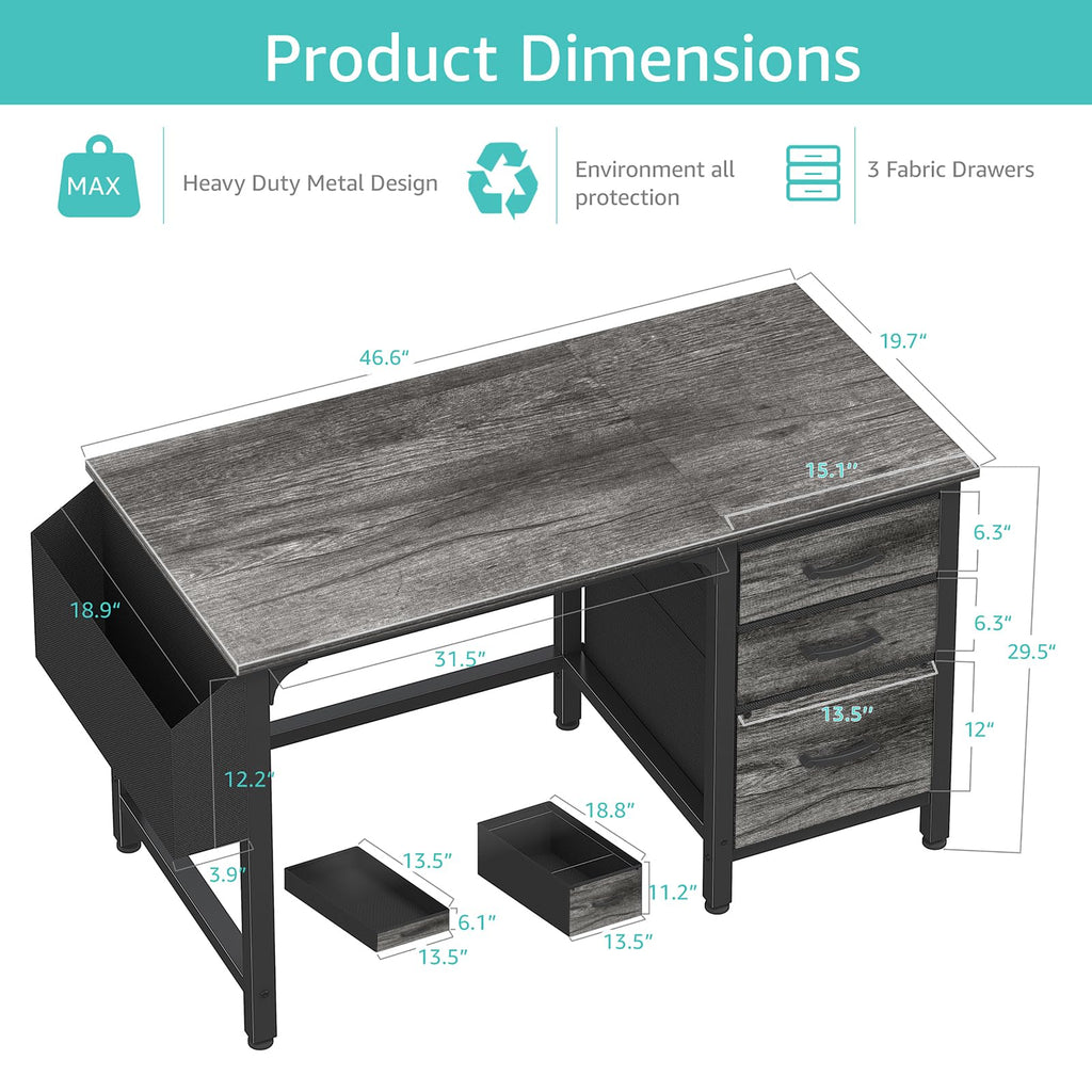 Computer Desk with File Drawers Cabinet, 47 Inch Home Office Desks with Filing Cabinet for Small Space, Gaming Study Writing Table PC Desks, Gray