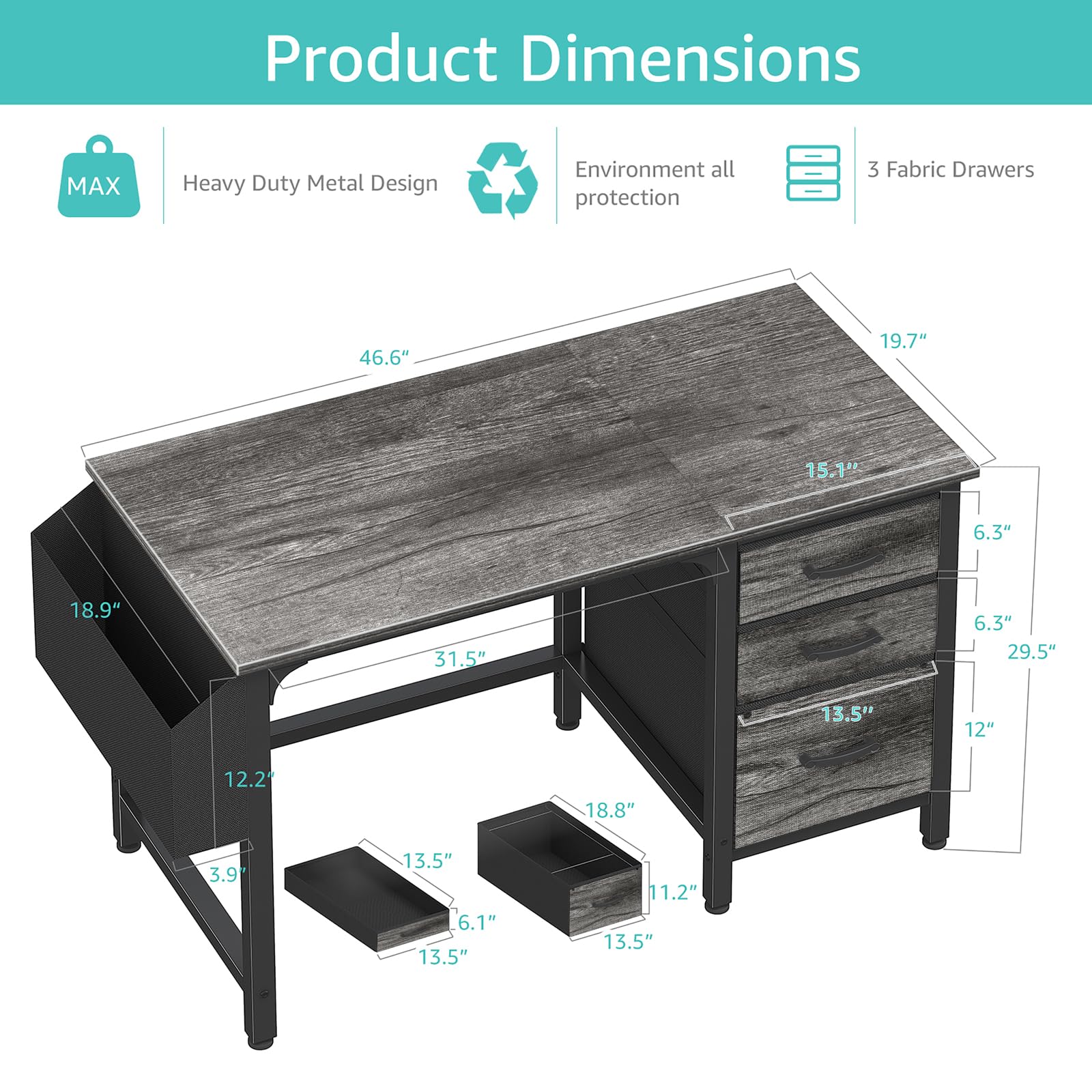Computer Desk with File Drawers Cabinet, 47 Inch Home Office Desks with Filing Cabinet for Small Space, Gaming Study Writing Table PC Desks, Gray
