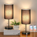Set of 2 Table Lamps with 2 USB Ports, Bedside Lamps for Bedrooms, Modern Nightstand Lamps with Pull Chain, Minimalist Desk Lamps with Black Fabric Shade and Metal Base for Living Room Home Office