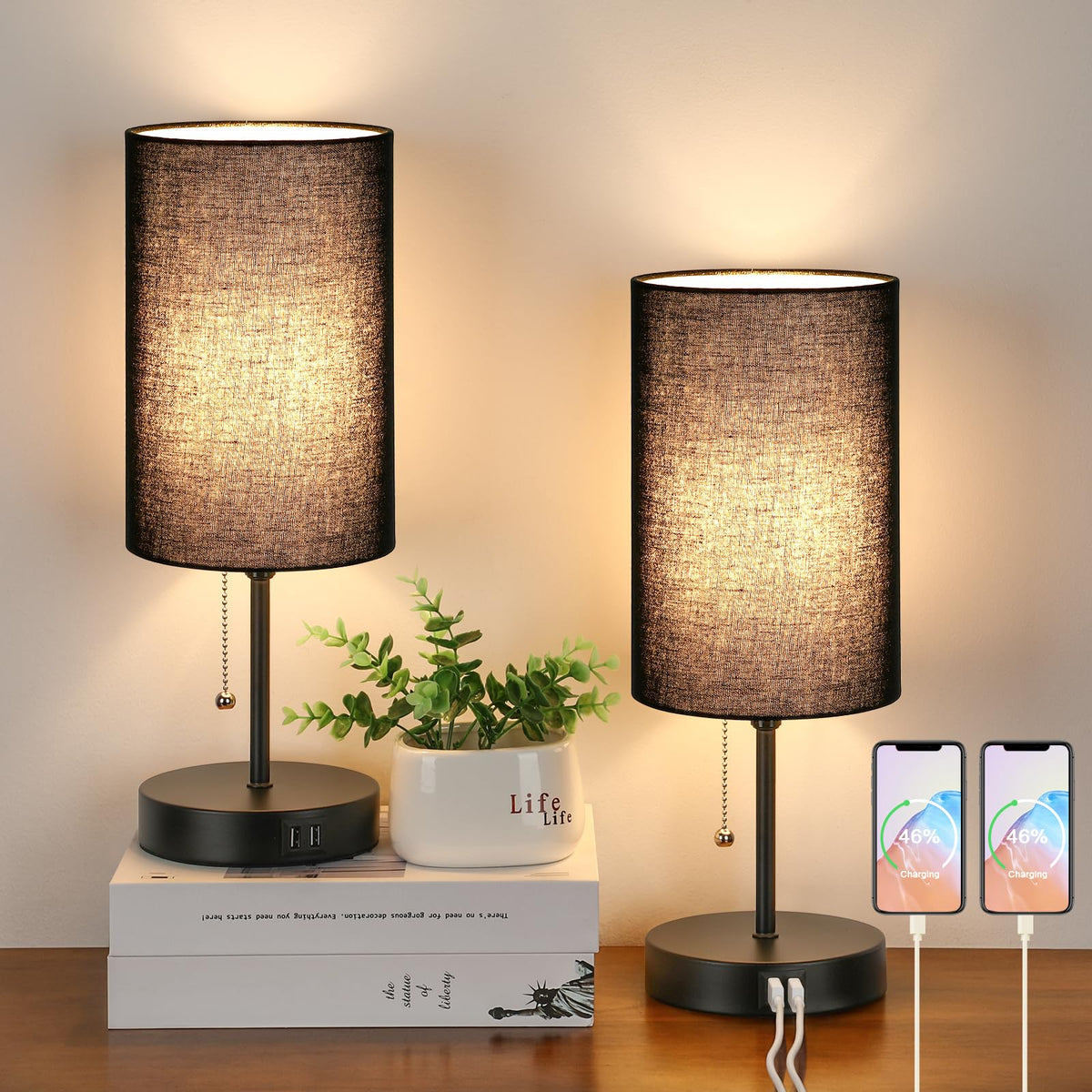 Set of 2 Table Lamps with 2 USB Ports, Bedside Lamps for Bedrooms, Modern Nightstand Lamps with Pull Chain, Minimalist Desk Lamps with Black Fabric Shade and Metal Base for Living Room Home Office