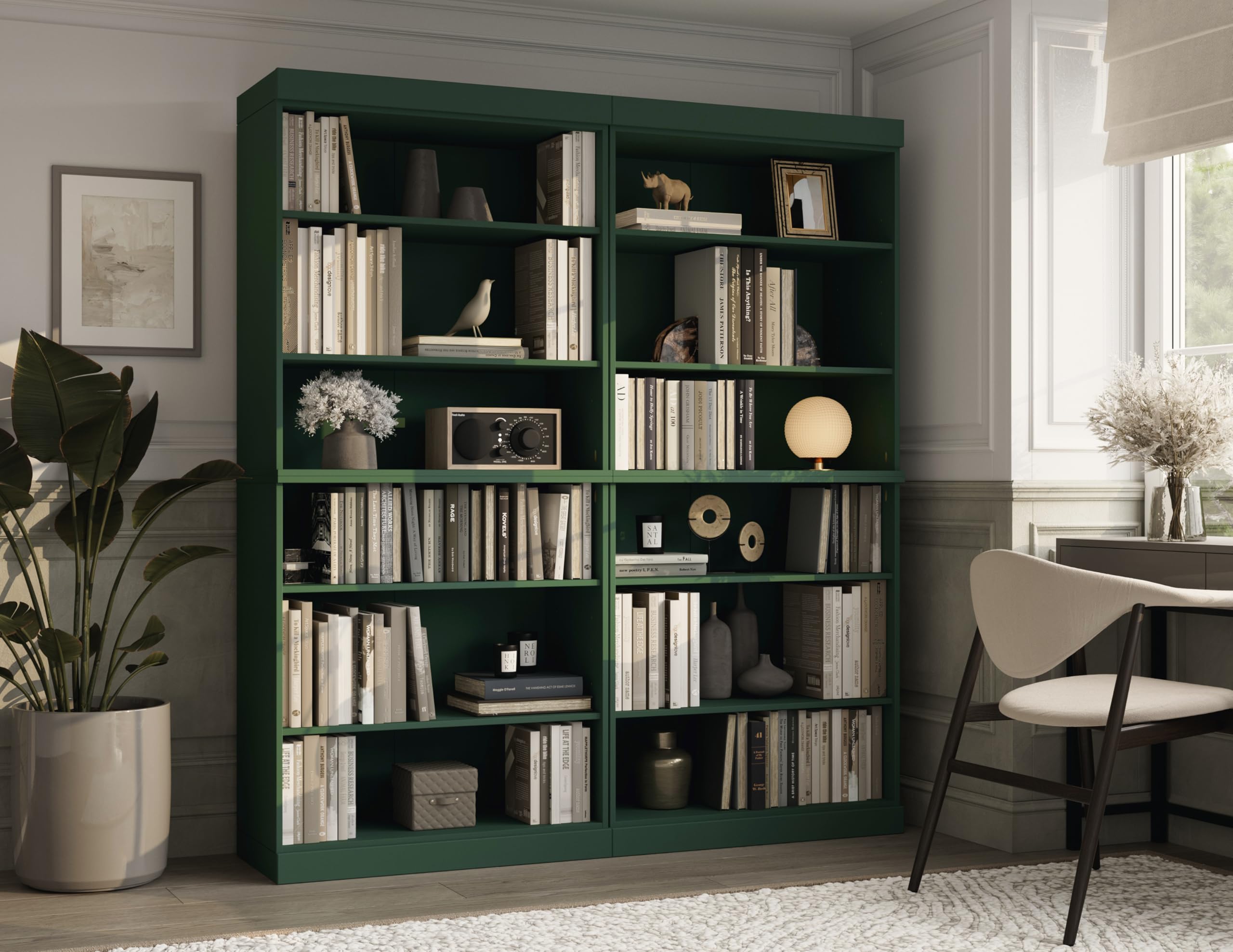12-Shelf Bookcase, 100% Solid Brazilian Pine Wood, 64" Wide, 71.5" Tall, Green, Modern Style, Modular Stackable, Adjustable Shelves
