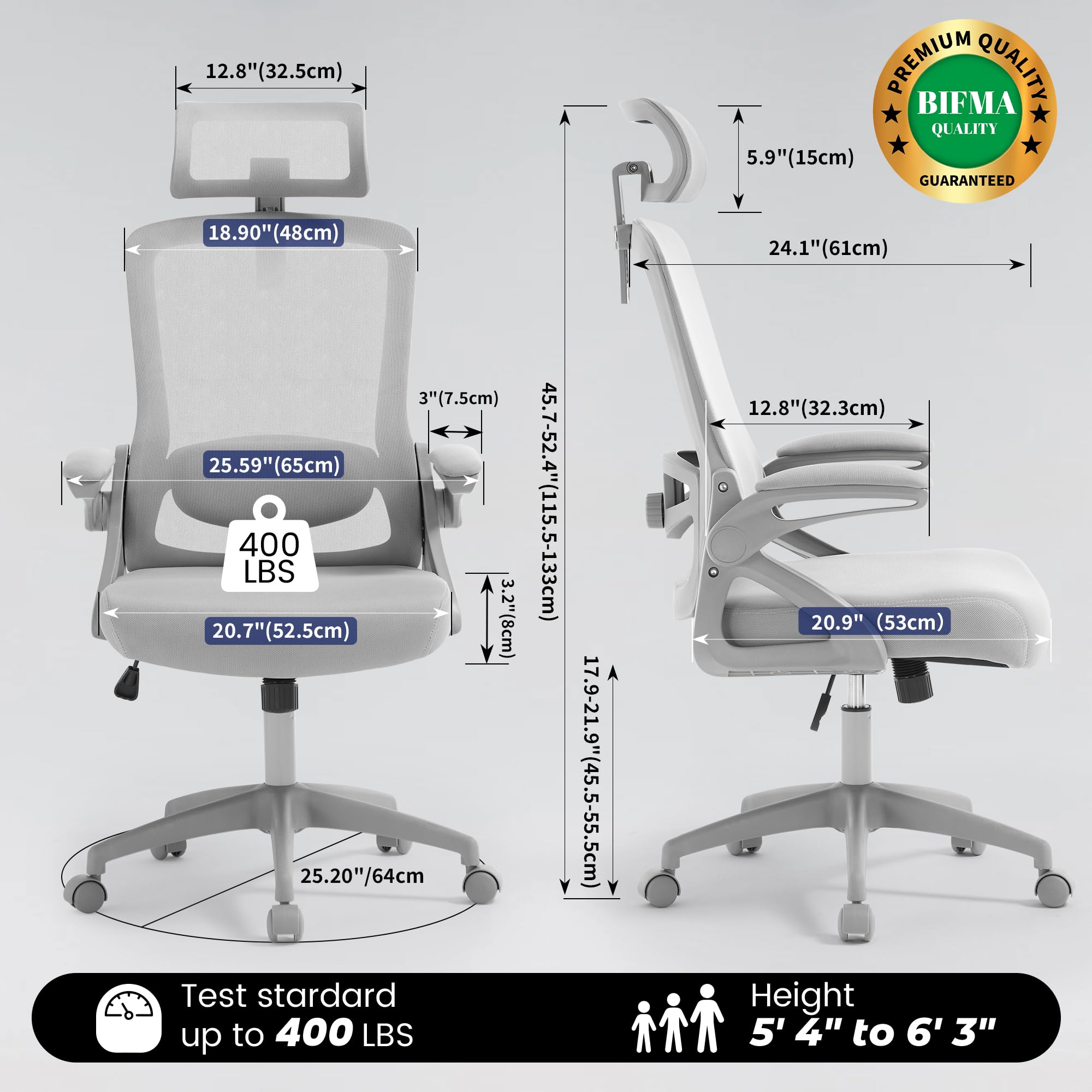 Office Chair, Ergonomic Office Chair with Adjustable Headrest Lumbar Support Computer Chair, 400 lbs Desk Chair Comfy with Flip-up Armrests - Gaming Chairs for Adults Home Office (Gray)
