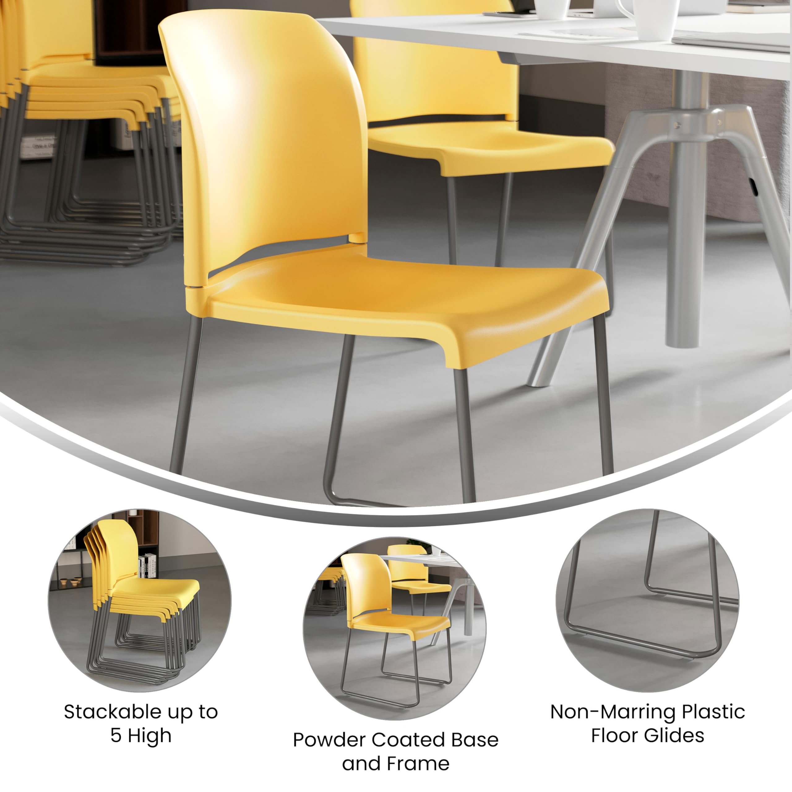 HERCULES Series 5 Pack 880 lb. Capacity Yellow Full Back Contoured Stack Chair with Gray Powder Coated Sled Base