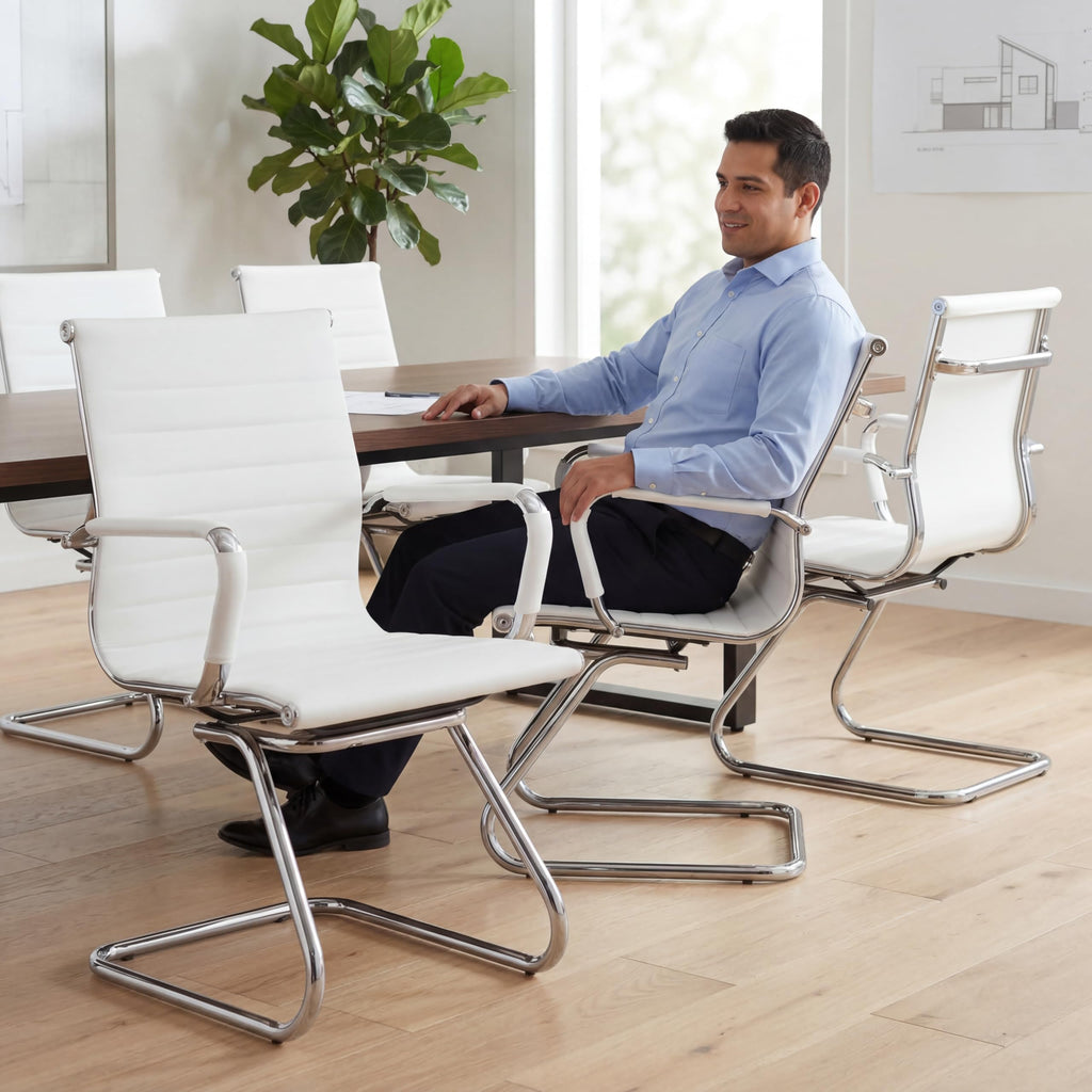 Conference Room Chairs Set of 2, Waiting Room Chairs with Arms, Faux Leather Reception Chairs No Wheels, Office Guest Chairs with Mid Back Support and Chrome Sled Base, White