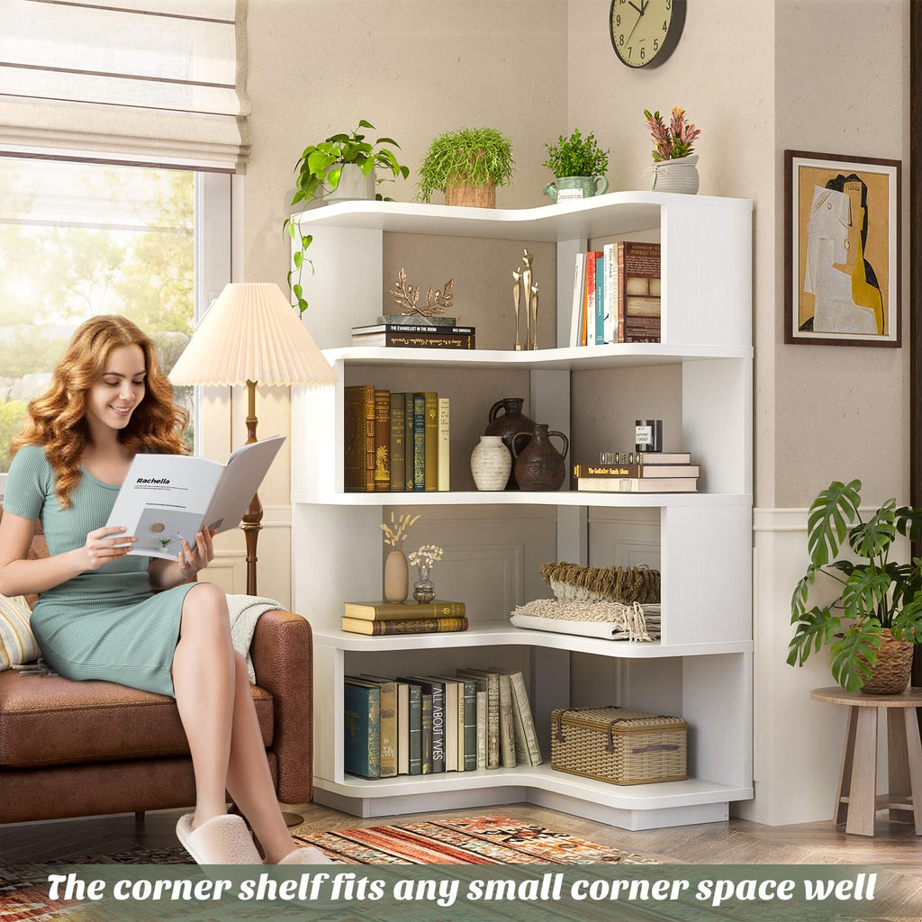 Corner Book Shelf - 5-Shelf L Shaped Corner Bookshelf with Baffle