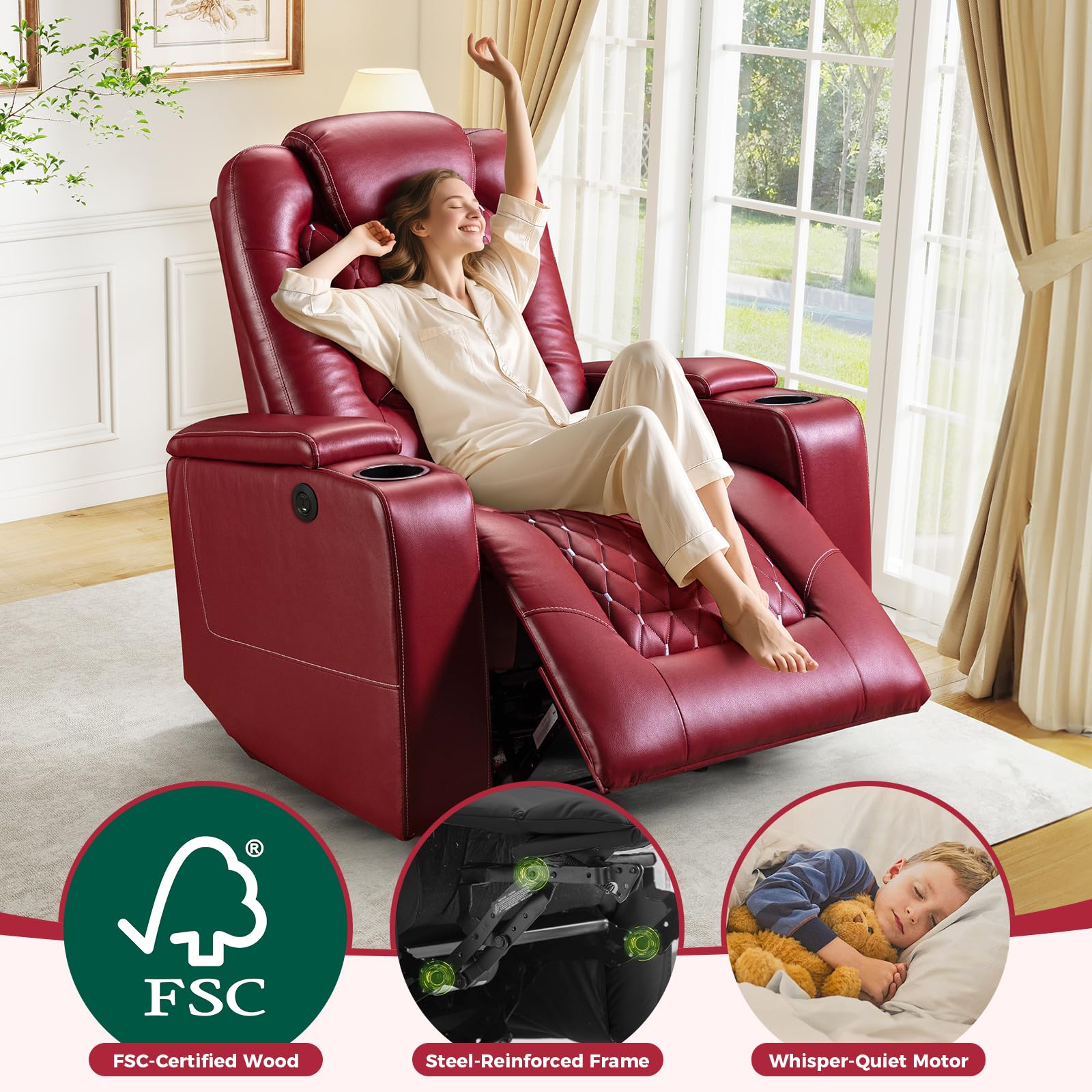 Power Recliner Chair Set of 5, Electric Soft Faux Leather Reclining Home Theater Seating - USB Ports, Cup Holders, Hidden Arm Storage Movie & Media Room Chairs (Red)