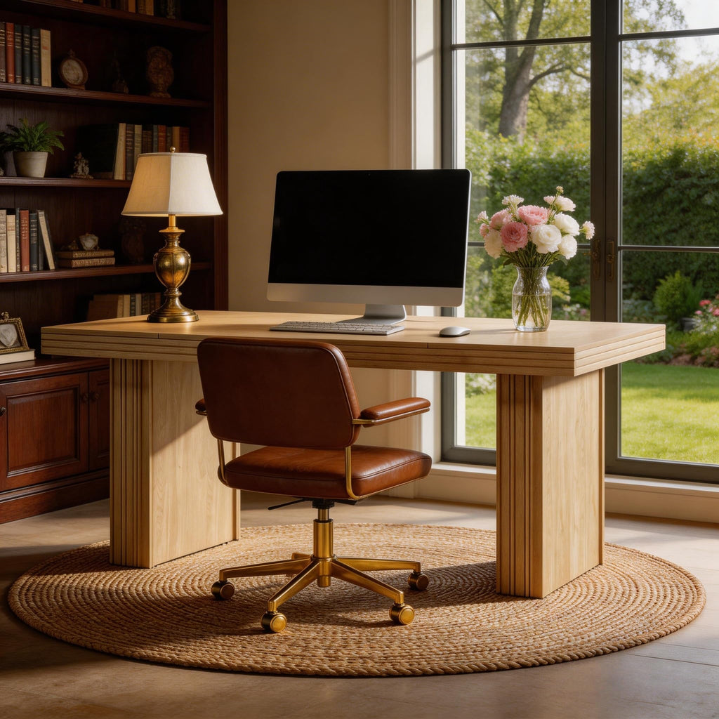Modern Office Desk, Home Office Table with Wide Fluted Legs, Modern Desk for Home Office, Natural
