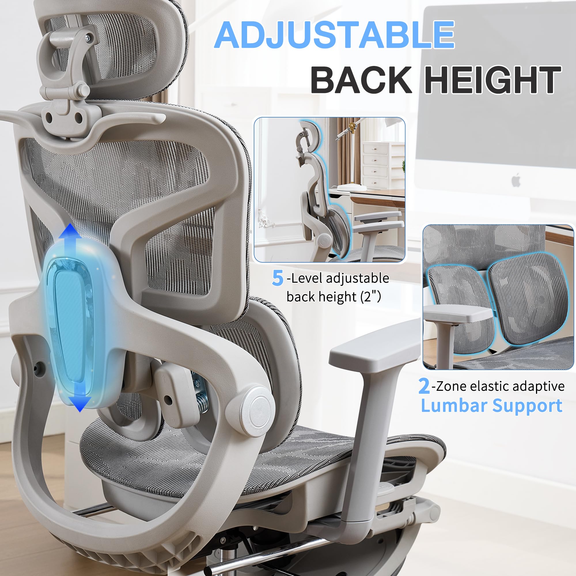 Ergonomic Mesh Office Chair with 2-Zone Lumbar Support and Footrest,Grey
