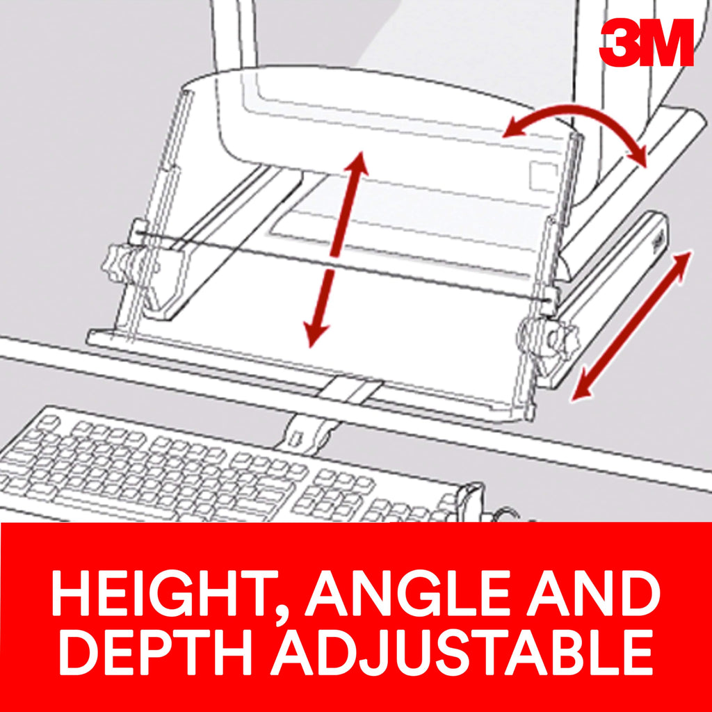Adjustable Document Copy Holder, In-line with Monitor Minimizing Head and Neck Movement, 300 Sheet Capacity Holds Sheets to Books, Elastic Line Guide Keeps Pages Open, 18" Wide, Black