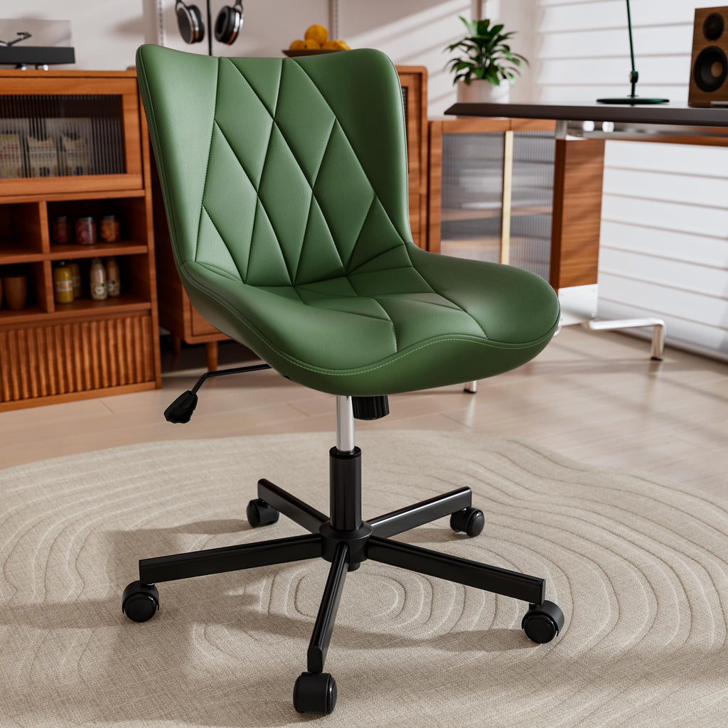 Armless Desk Chair, Morden Home Office Chair no Arms, Adjustable Height & Rocking Computer Chair, PU Leather Vanity Chair, Ergonomic Seat Soft Padded Desk Chairs for Home Small Space, Green