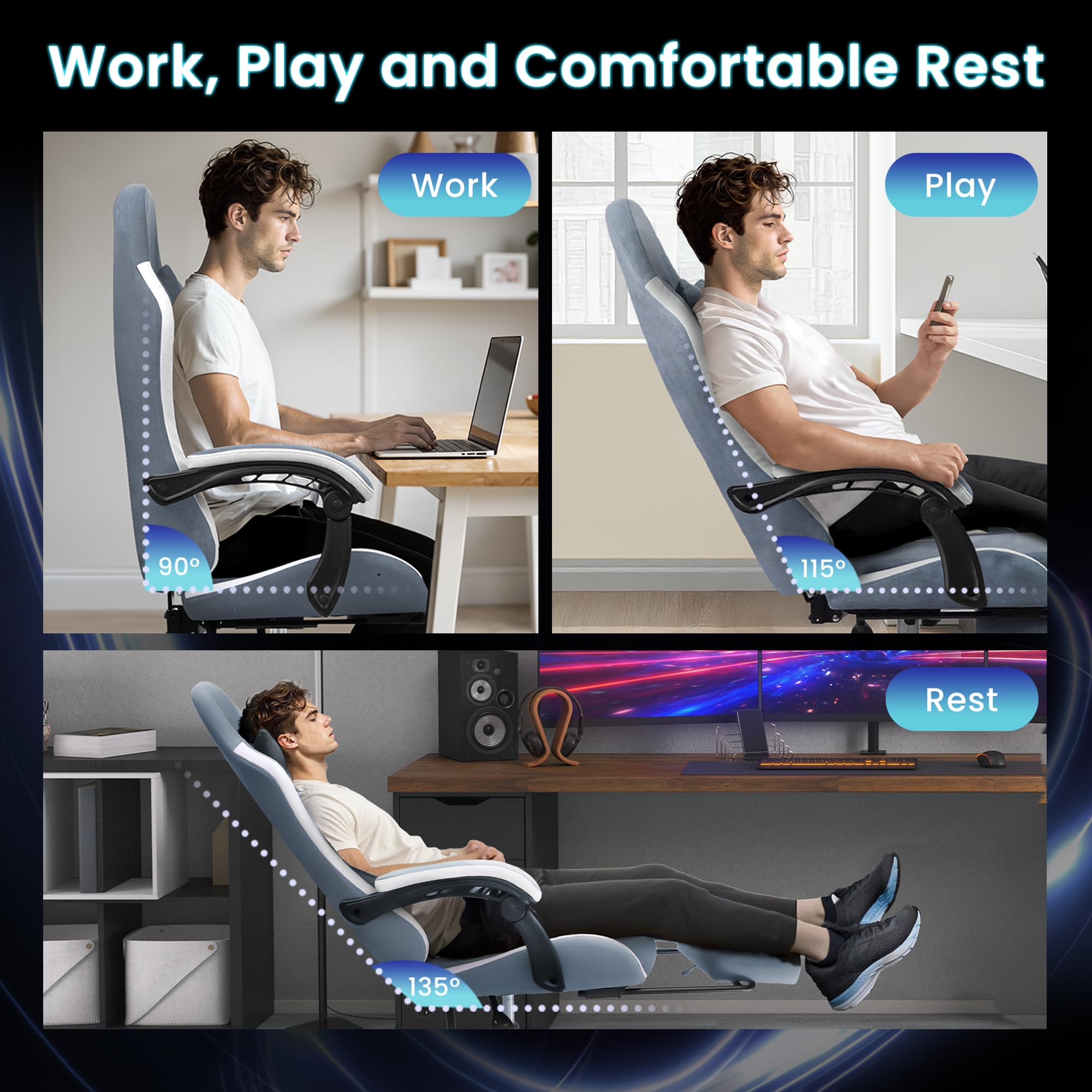 Gaming Chair with Footrest Lumbar Support for Home Office High Back Recliner Height Adjustable Ergonomic Comfy Fabric Computer Desk Chair (Blue)