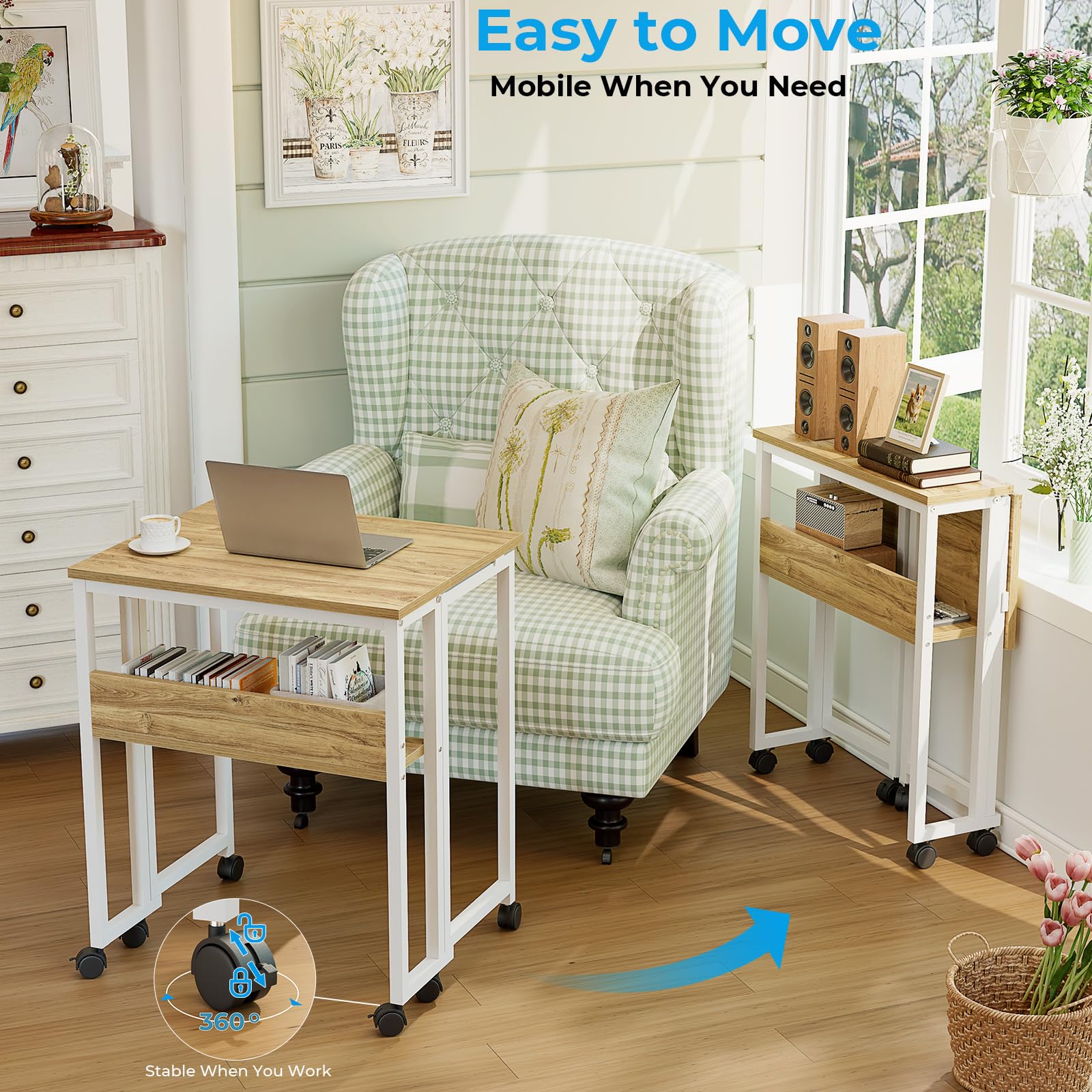Folding Desk with Wheels, 31.5 Inch Compact Rolling Computer Table with Storage Shelf, Portable Mobile Workstation for Small Spaces, Easy Assembly, Oak