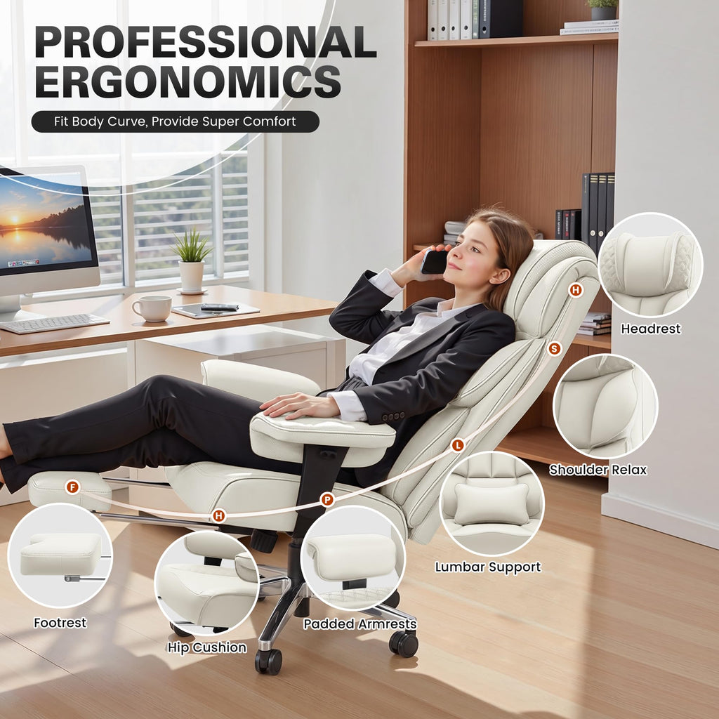 Office Desk Chair, Big and Tall Leather Gaming Chair with Footrest, Ergonomic Comfy Executive High-Back Reclining Computer Chairs, Wide Swivel Rolling Wheels and Padded Lumbar Support, White