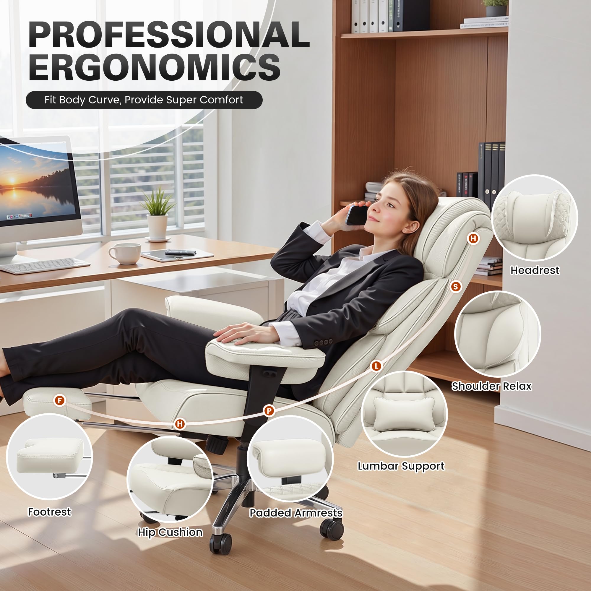 Office Desk Chair, Big and Tall Leather Gaming Chair with Footrest, Ergonomic Comfy Executive High-Back Reclining Computer Chairs, Wide Swivel Rolling Wheels and Padded Lumbar Support, White