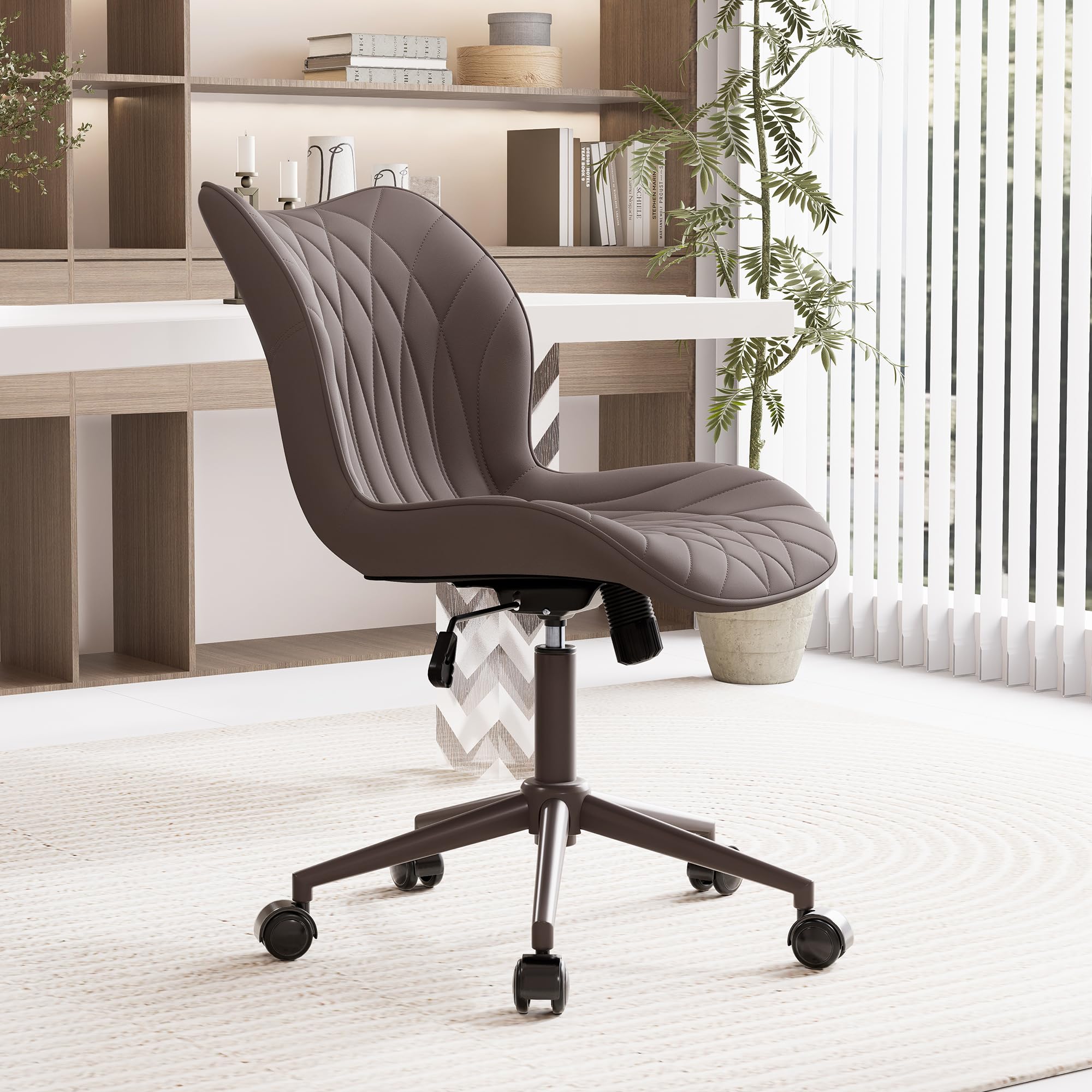 Armless Desk Chair Comfy Office Chair with Wheels Home Ergonomic Task Chair Adjustable Computer Chairs Modern Faux Leather Swivel Chair Upholstered Makeup Vanity Chair with Back(Brown)
