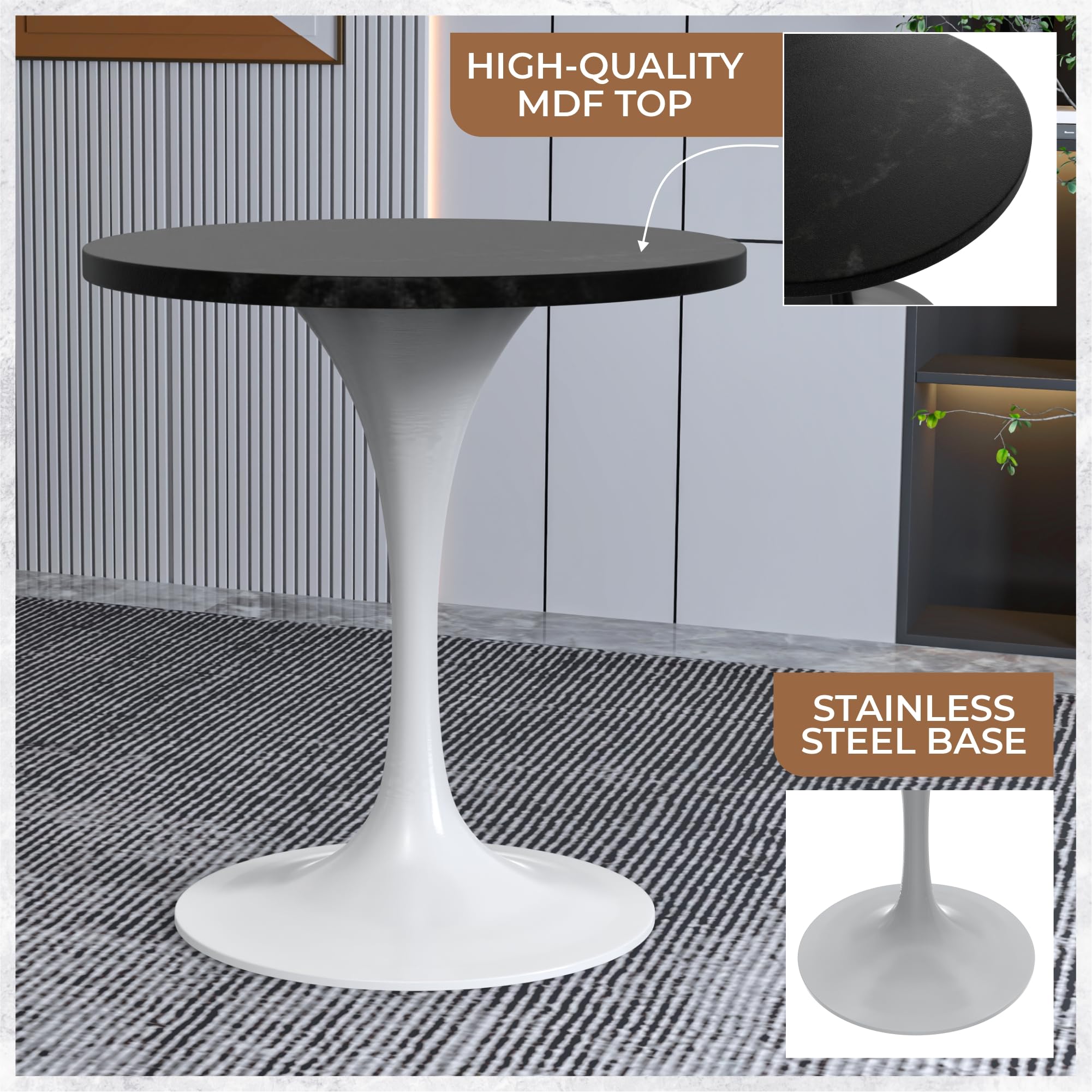 LeisureMod Verve Mid-Century Modern 27 Inch Round Dining Table, MDF Wood Tabletop with White Steel Pedestal Base, Contemporary Kitchen & Dining Room Table, Small Space Breakfast Table, Black