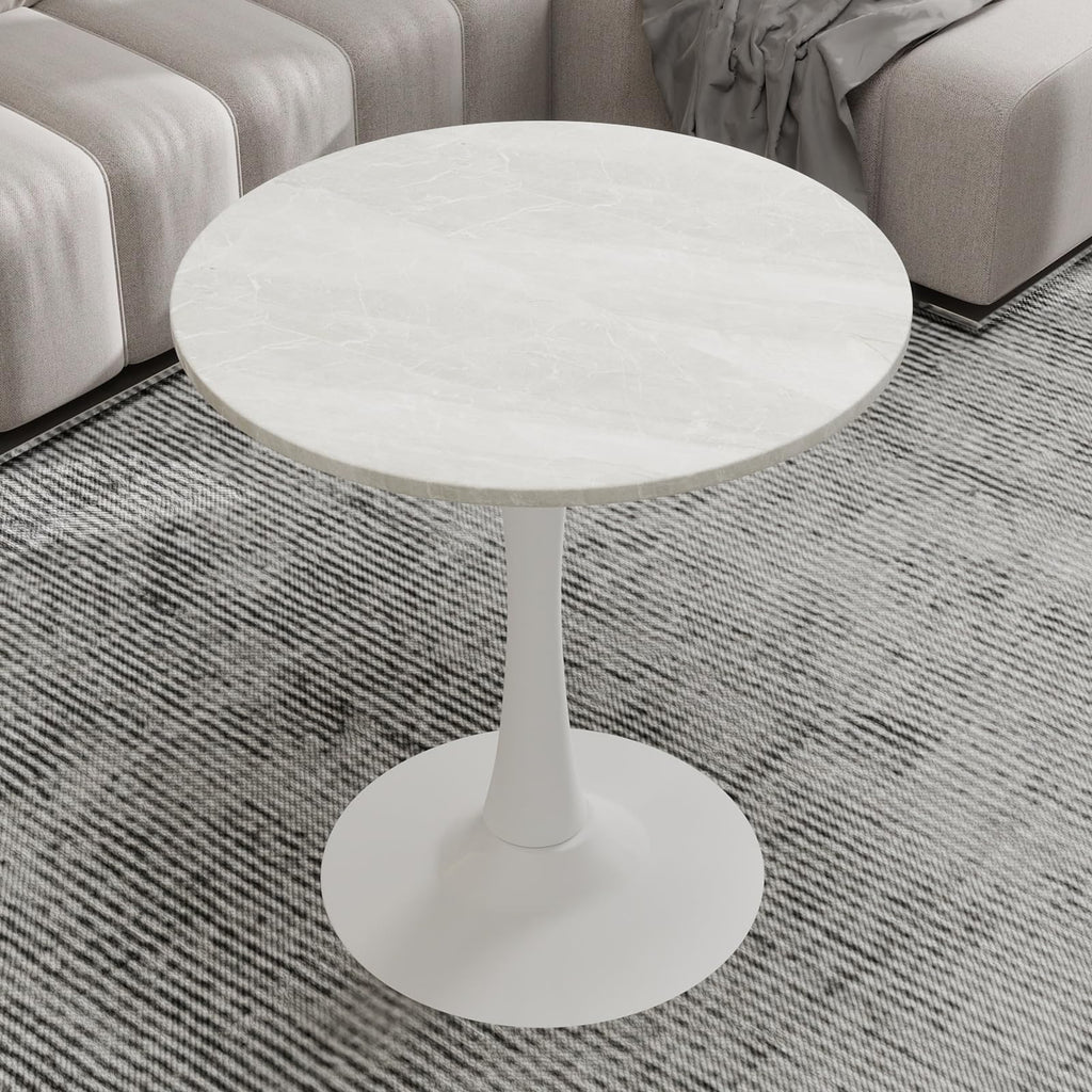 Sybrioka 27.6" Marble Round Tulip Table, Mid-Century Modern Style Dining Table with White Pedestal Base for 2-4 People, Featuring A Marble Tabletop for Kitchen, Dining Room, Cafe (Grayish White)