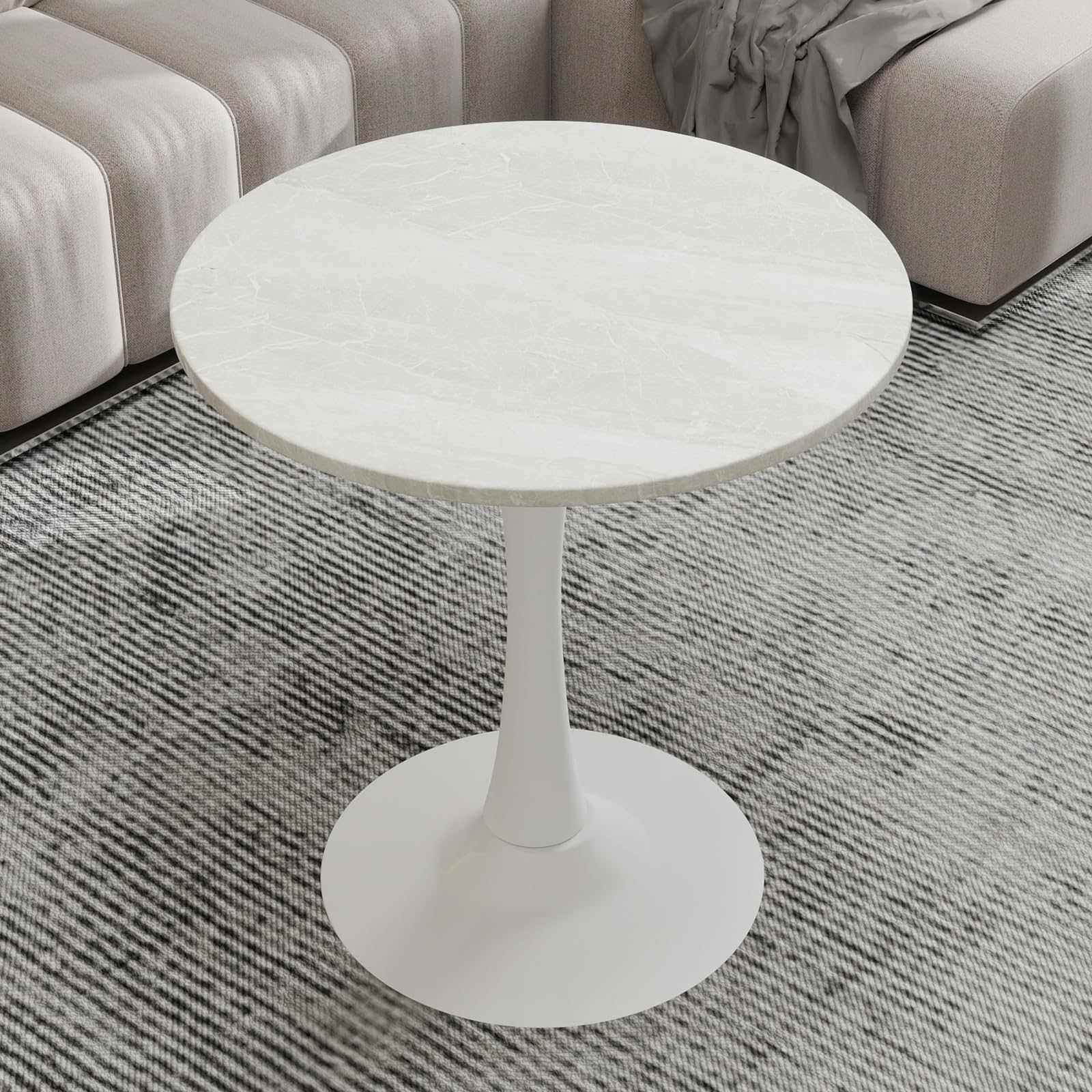 Sybrioka 27.6" Marble Round Tulip Table, Mid-Century Modern Style Dining Table with White Pedestal Base for 2-4 People, Featuring A Marble Tabletop for Kitchen, Dining Room, Cafe (Grayish White)