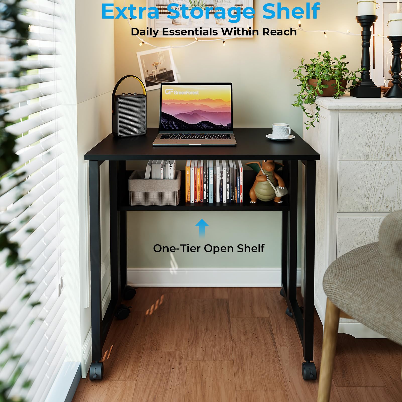 Folding Desk with Wheels, 24.8 Inch Compact Rolling Computer Table with Storage Shelf, Portable Mobile Workstation for Small Spaces, Easy Assembly, Black