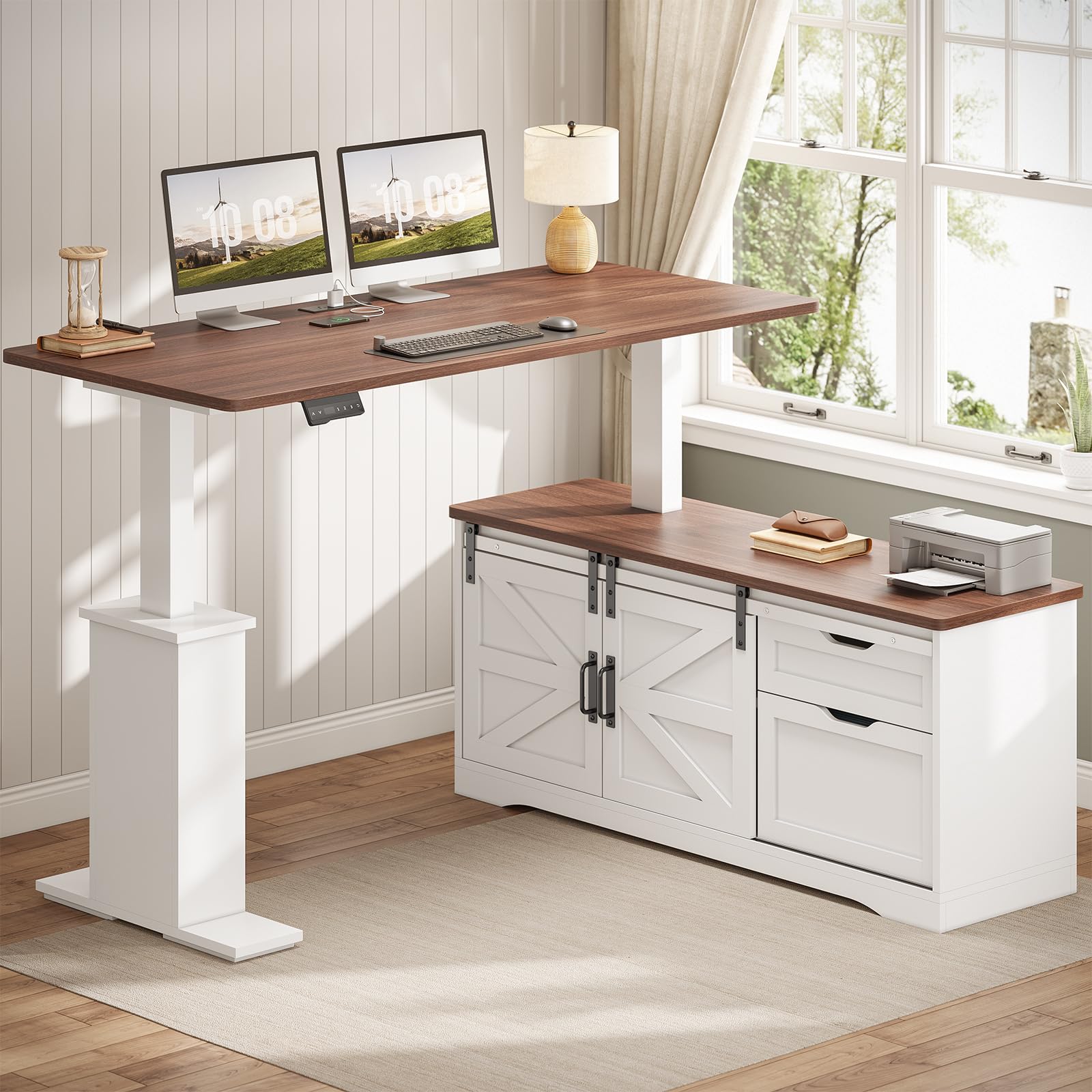 Farmhouse L Shaped Standing Desk, 55 inch Height Adjustable Corner Desk with Storage Drawers, Standing Computer Desks with Power Outlets for Home Office, White