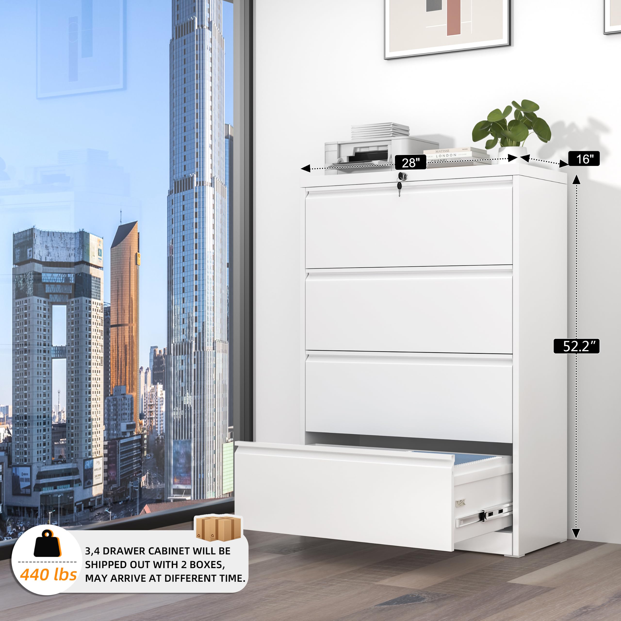 4 Drawer File Cabinet, White Lateral File Cabinet with Lock, 28" W Metal Office Filing Cabinet with Adjustable Frame for Legal, Letter, A4 Files