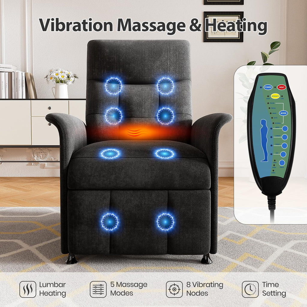 Power Recliner Chair for Adults with Heat & Massage - Soft Fabric Electric Reclining Sofa with Remote Control, 3 Side Pockets, 180° Lay Sleeper for Home Theater Living Room, Black