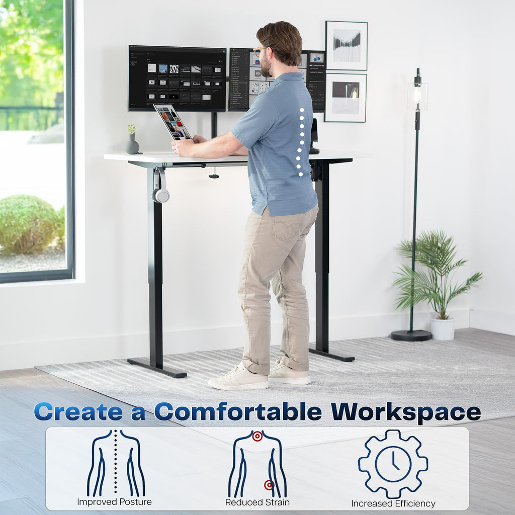 Electric 55 x 28 in Standing Desk, Memory Height Adjustment, 1B Series, Holds 220 lbs, One-Piece White Top, Black Frame