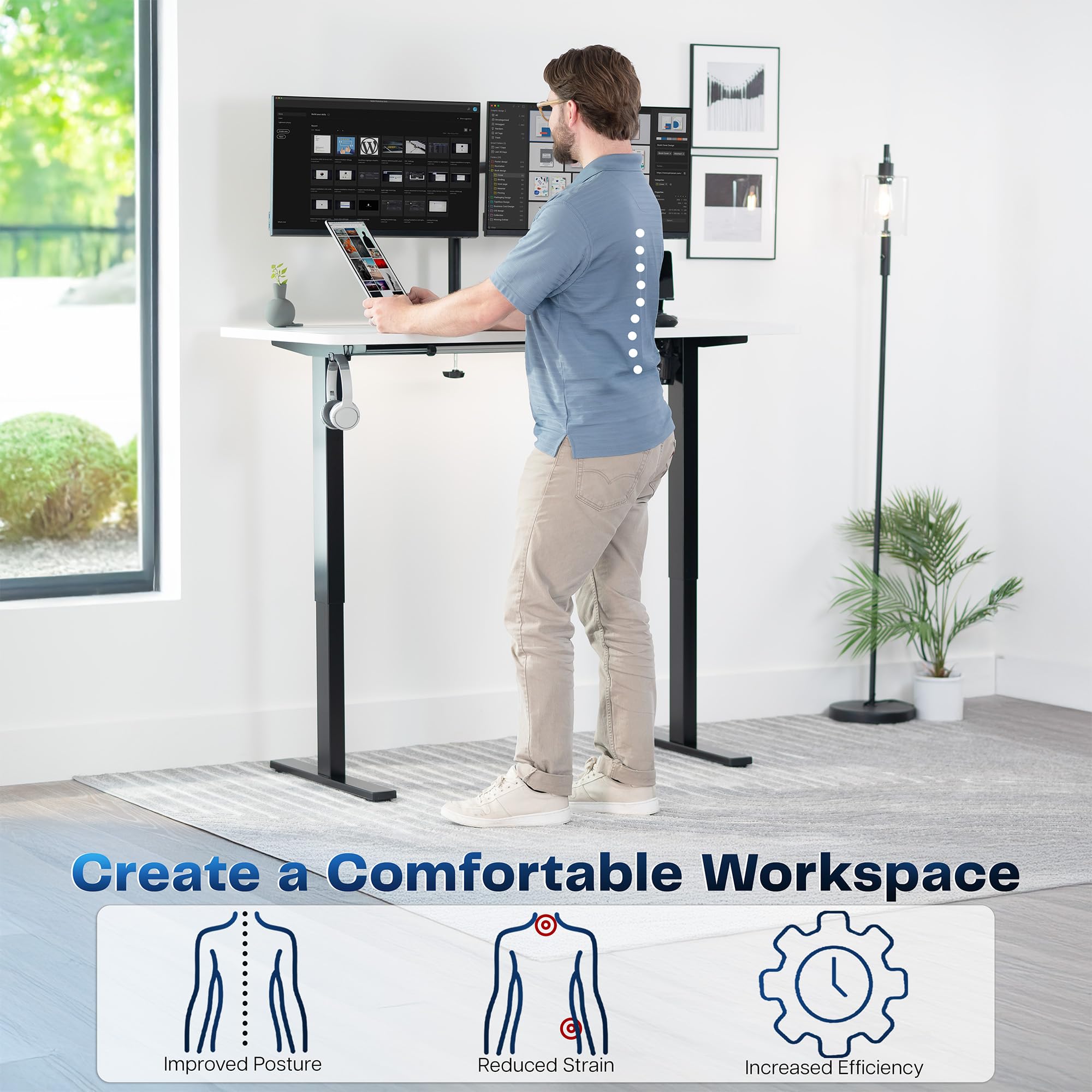 Electric 55 x 28 in Standing Desk, Memory Height Adjustment, 1B Series, Holds 220 lbs, One-Piece White Top, Black Frame