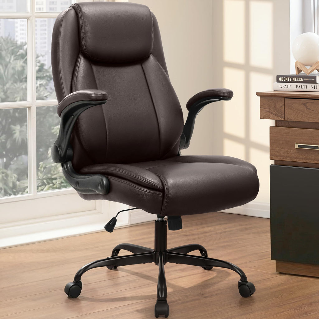 Office Desk Gaming Computer Home Chair Ergonomic Executive High Back Support Flip-up Arms Adjustable Height Swivel Rolling Wheels Comfy PU Leather (Brown)
