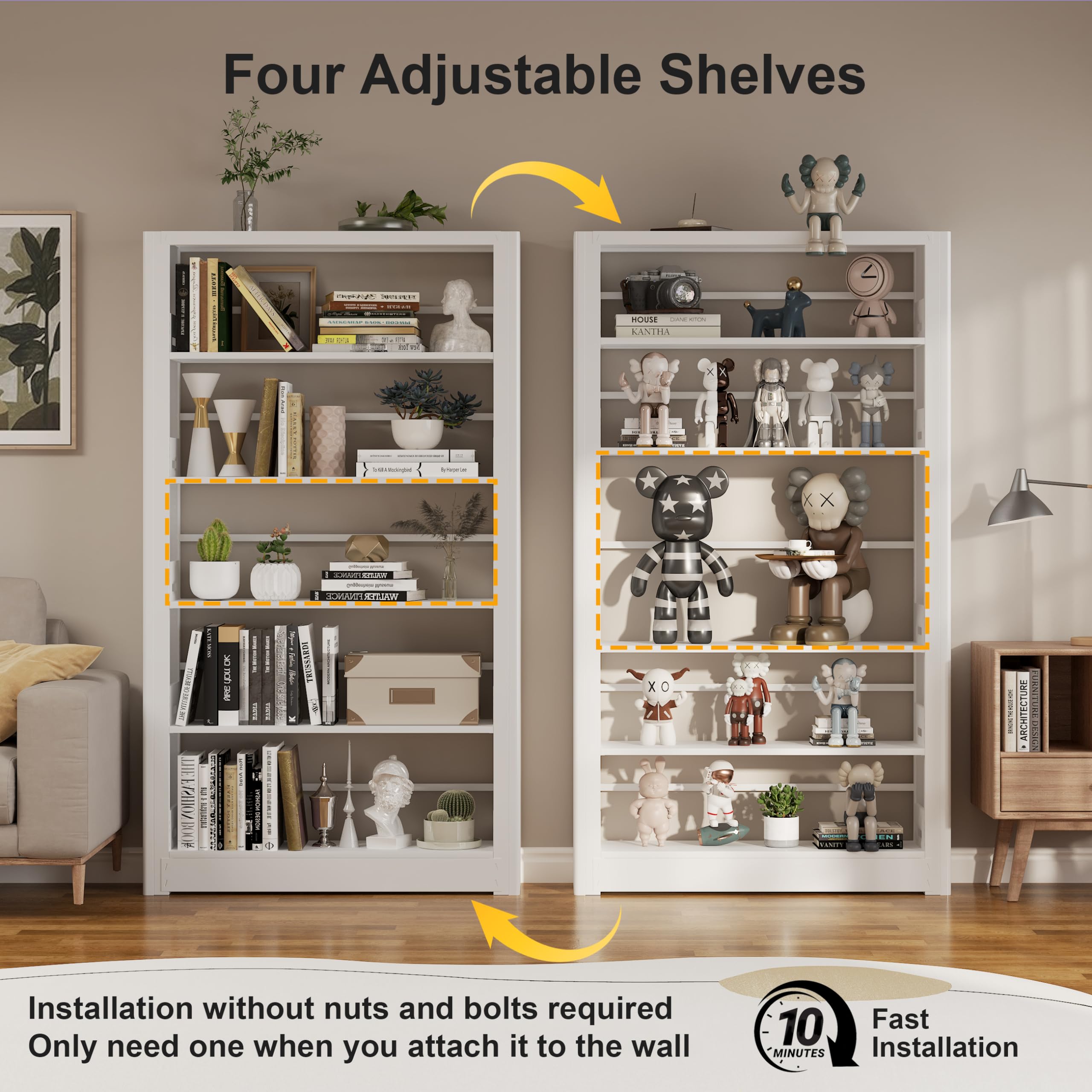 Metal White Bookshelf, 69" Tall Bookshelf with Adjustable Shelves, 5 Shelf Bookcase, Large Bookshelves and Bookcases, Book Shelf Organizer for Home Office, Library, Bedroom, Living Room
