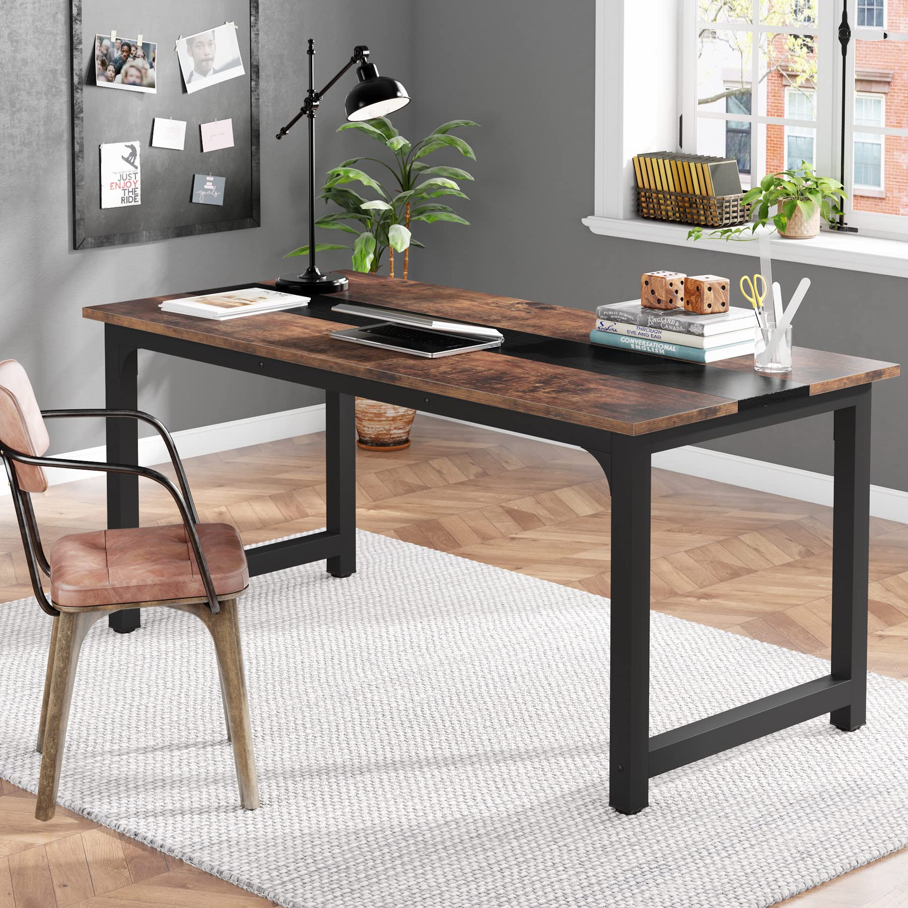 70.8”Executive Desk, Large Office Computer Desk with Thicken Frame, Modern Simple Workstation Business Furniture for Home Office, Vintage Brown/Black