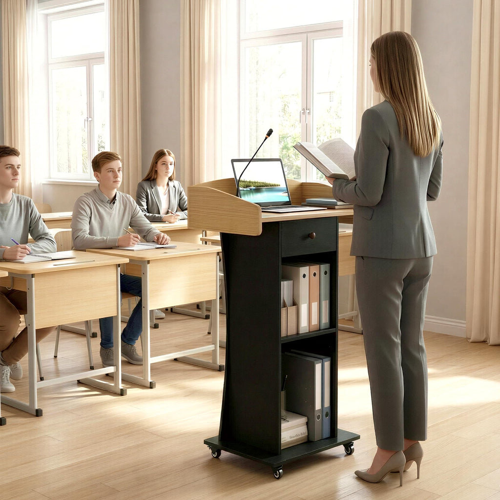 Podium Stand with Metal Wheels Wooden Teacher Lectern Portable Pulpit Standing with Drawer and Adjustable Shelf Mobile Rolling Reception Podiums for Church Office Classroom Lecture Meeting,Black+Oak