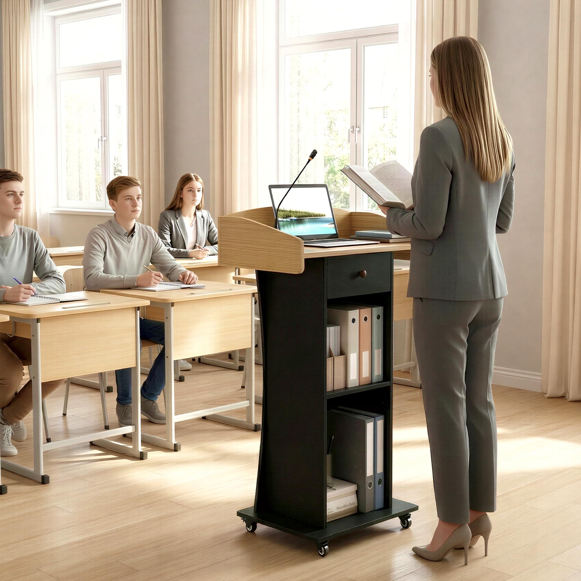 Podium Stand with Metal Wheels Wooden Teacher Lectern Portable Pulpit Standing with Drawer and Adjustable Shelf Mobile Rolling Reception Podiums for Church Office Classroom Lecture Meeting,Black+Oak