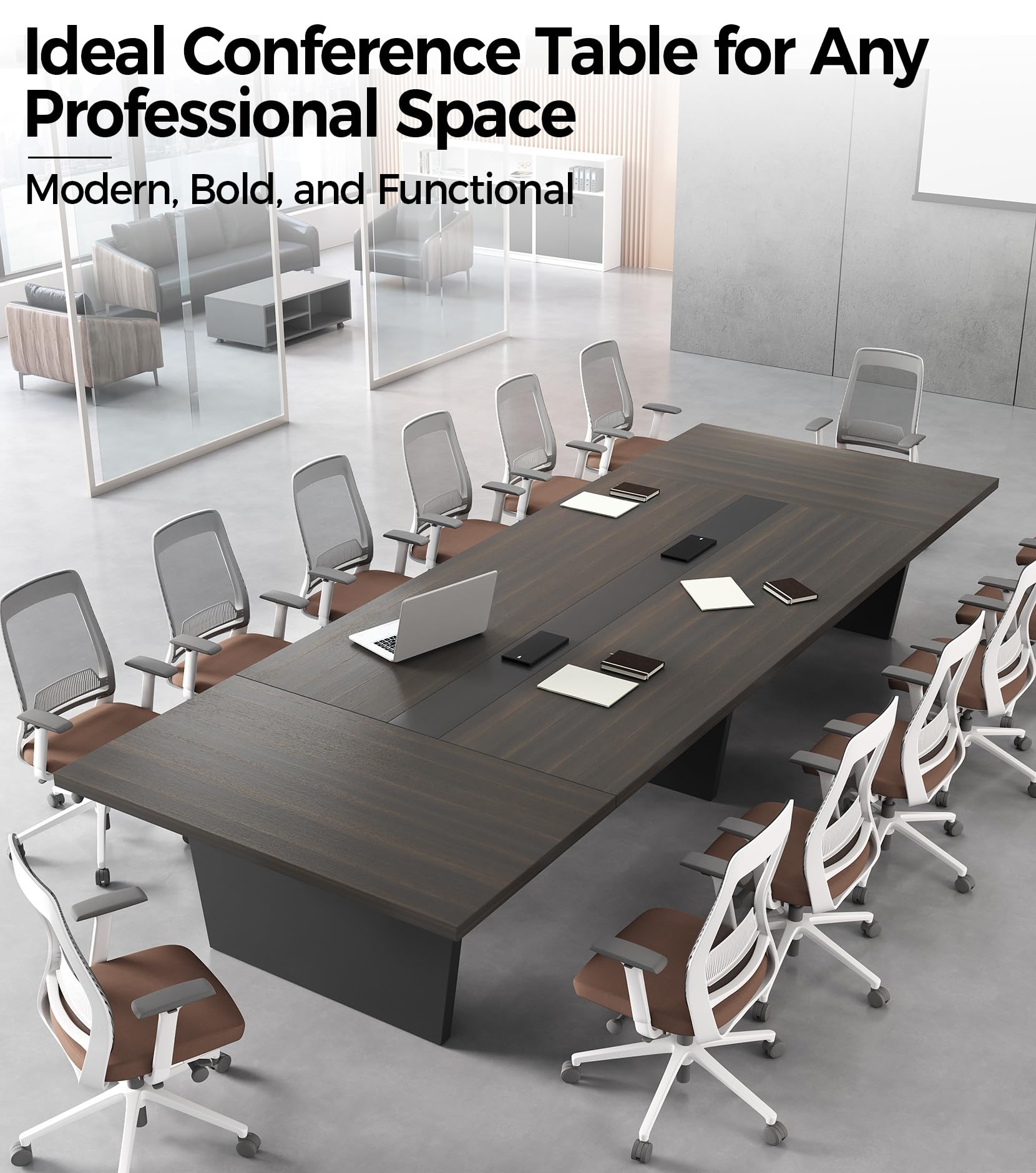 10FT Conference Table, Large Meeting Table for 10 People, Business Style Training Table with Charging Stations & 2" Thickened TableTop for Office Conference (Smoked Walnut & Gray, 118"L * 51"W * 30"H)