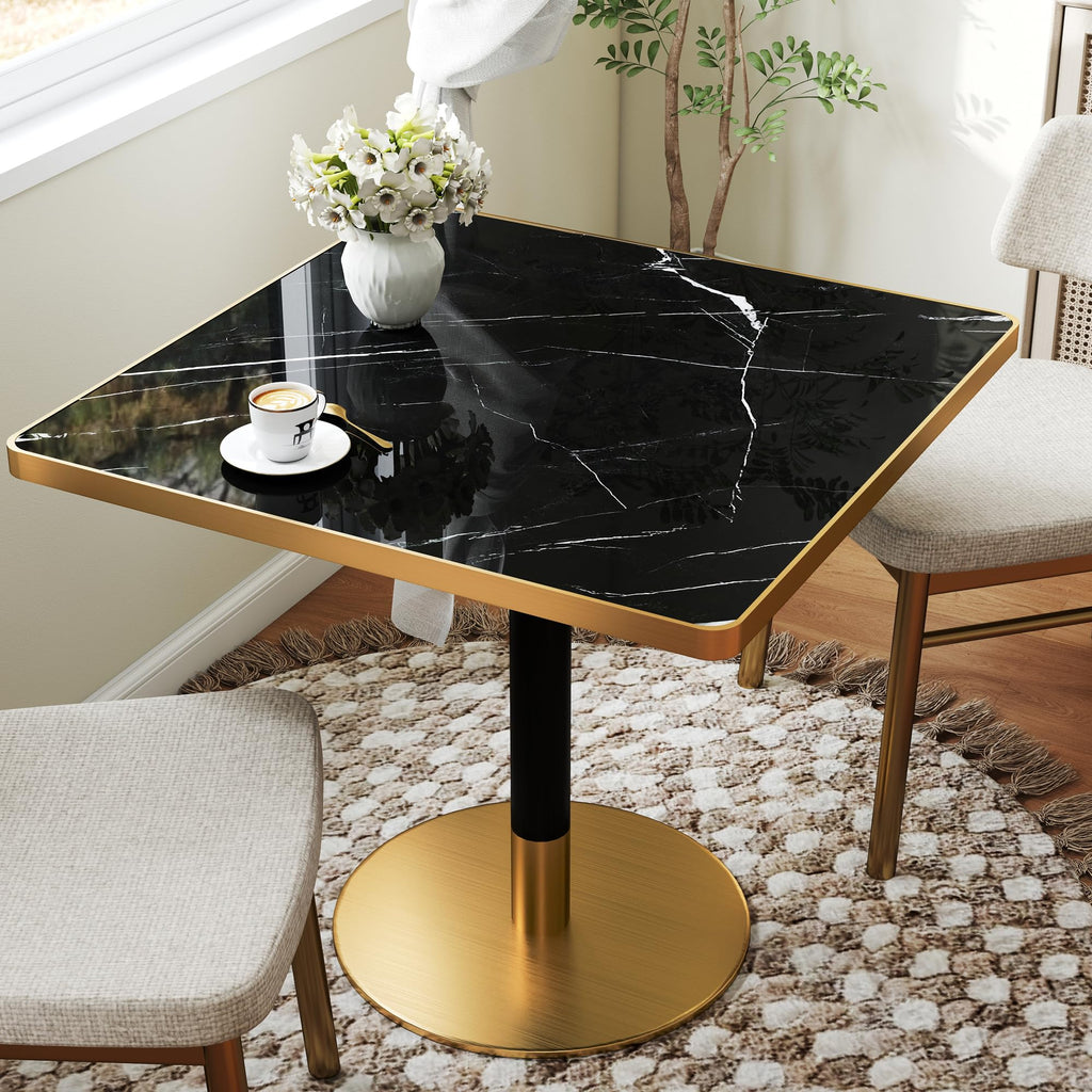 hausway 31.5" Tulip Table,Square Kitchen Dining Table for 2-4 with Thick Sintered Stone Top,Titanium Golden Pedestal Base,Heat-Resistant,Bistro Table for Dining Room,Café,Small Space（Inky Axis）
