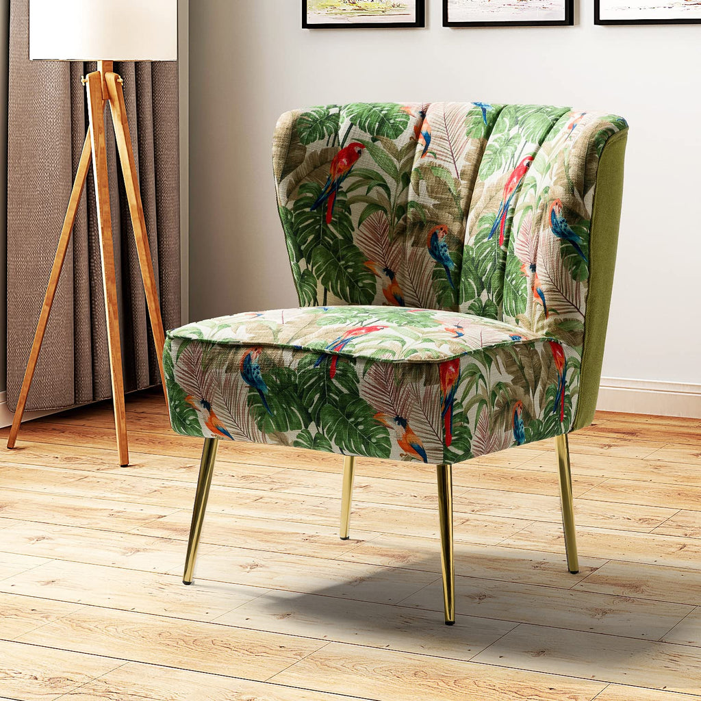 Modern Accent Chair with Golden Legs, Comfy Cute Living Room Chair, Wingback Small Armless Side Chair, Upholstered Tufted Slipper Chair for Bedroom, Reading Room (Tropical Parrot, Green)