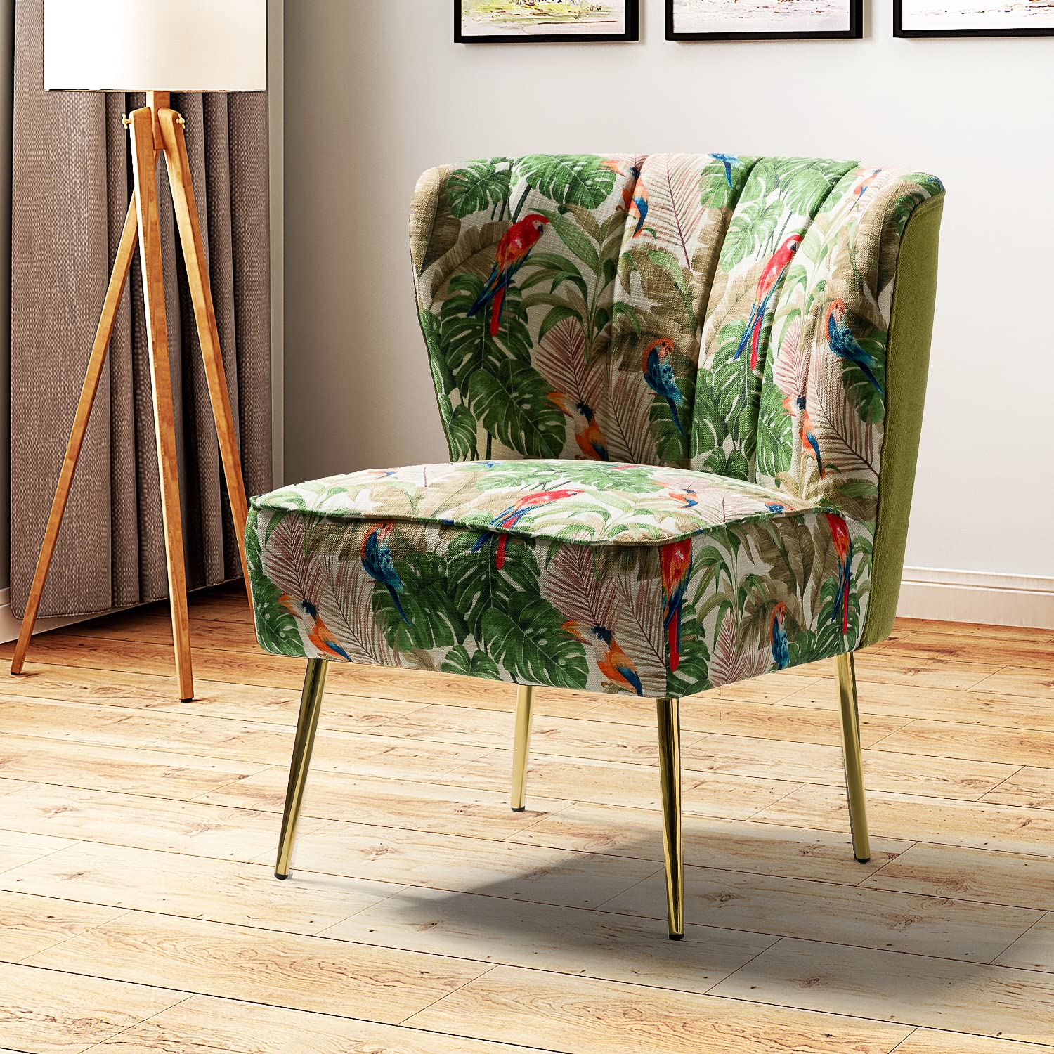 Modern Accent Chair with Golden Legs, Comfy Cute Living Room Chair, Wingback Small Armless Side Chair, Upholstered Tufted Slipper Chair for Bedroom, Reading Room (Tropical Parrot, Green)