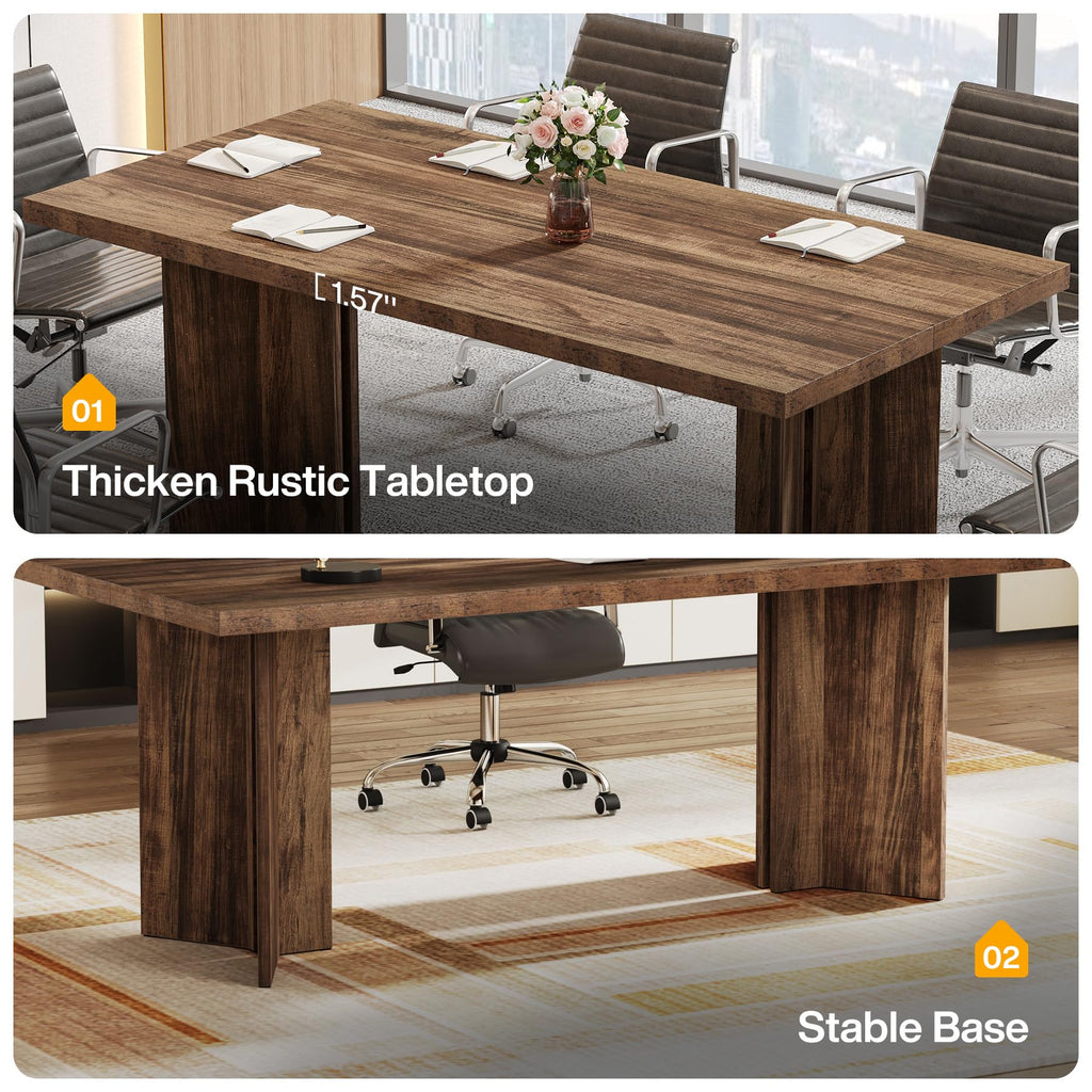 5.5FT Conference Table, 63-inch Rectangle Meeting Seminar Table, Large Wooden Business Tables for 4-6 People, Heavy Duty Pedestal (Dark Brown)