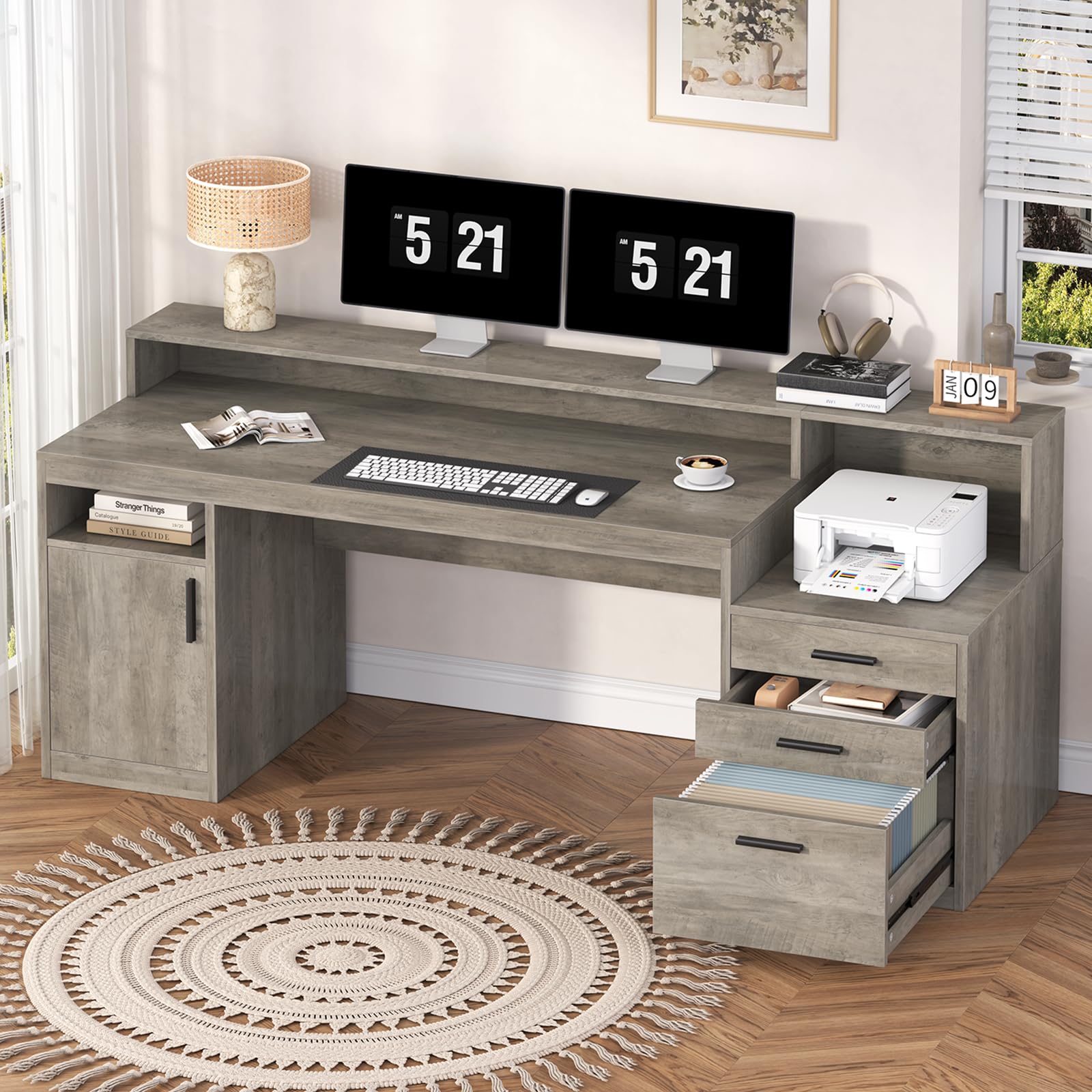 Computer Desk with 3 Drawers & Storage Shelves, 65 Inch Home Office Desk with File Drawer & Cabinet, Writing Study Desks with Monitor Stand & Printer Shelf, Executive Desk, Grey