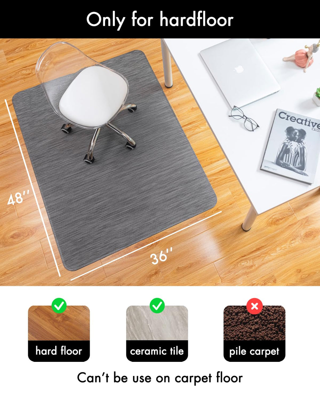 Office Chair Mat for Hardwood Floor Under Desk Computer Rolling Chair Mat for Wood/Tile Floor Non-Slip Heavy Duty Desk Rug PVC Plastic Hard Floor Protector 36" x 48" (Gray)