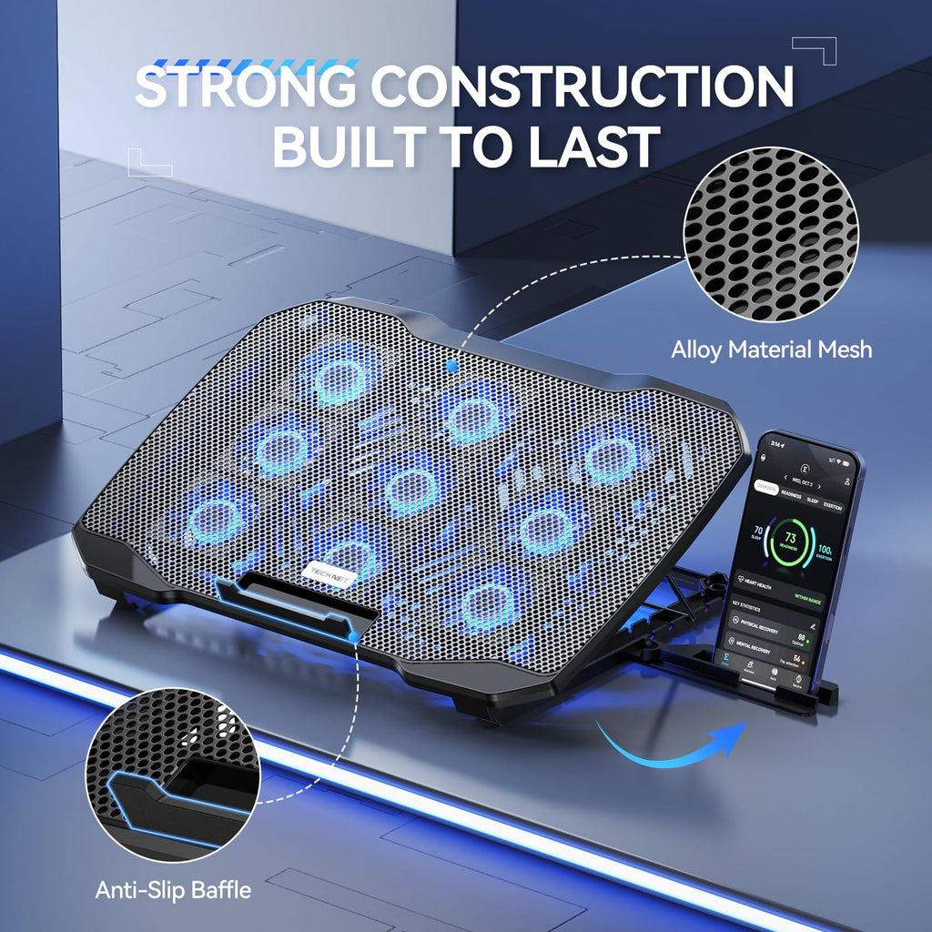 Laptop Cooling Pad with Phone Stand, 9 Quiet Fans with LED Lights, 5 Height Adjustable & 2 USB Ports, Stepless Speed Control to 2600 RPM Laptop Cooler, Laptop Cooling Stand for 12-17.3 Inch