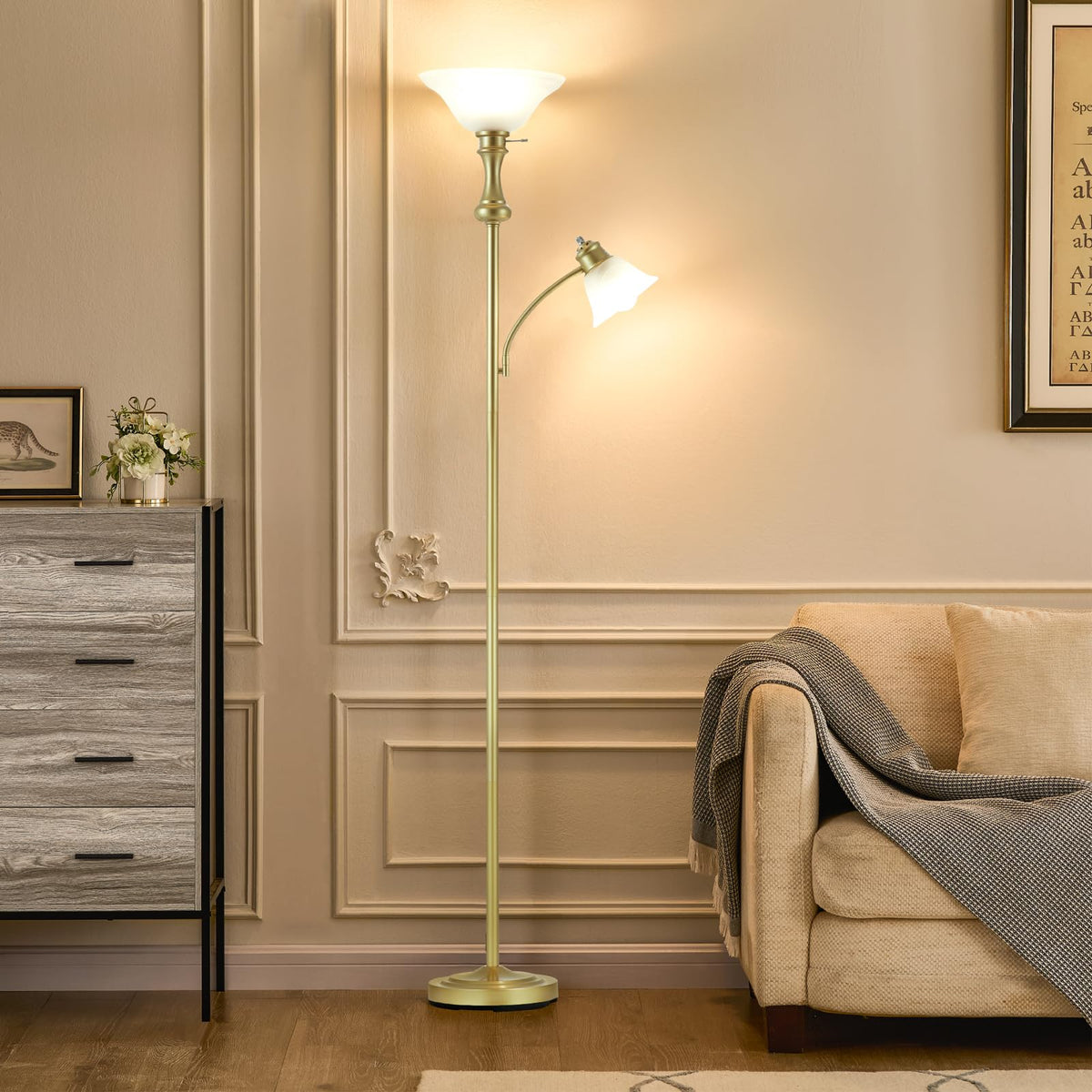 Torchiere Glod Floor Lamp with Adjustable Angle Reading Lamp-71IN