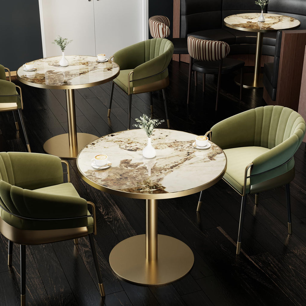 hausway 31.5" Tulip Table,Round Kitchen Dining Table for 2-4 with Thick Sintered Stone Top,Titanium Golden Pedestal Base,Heat-Resistant,Bistro Table for Dining Room,Café,Small Space（White Glacial）