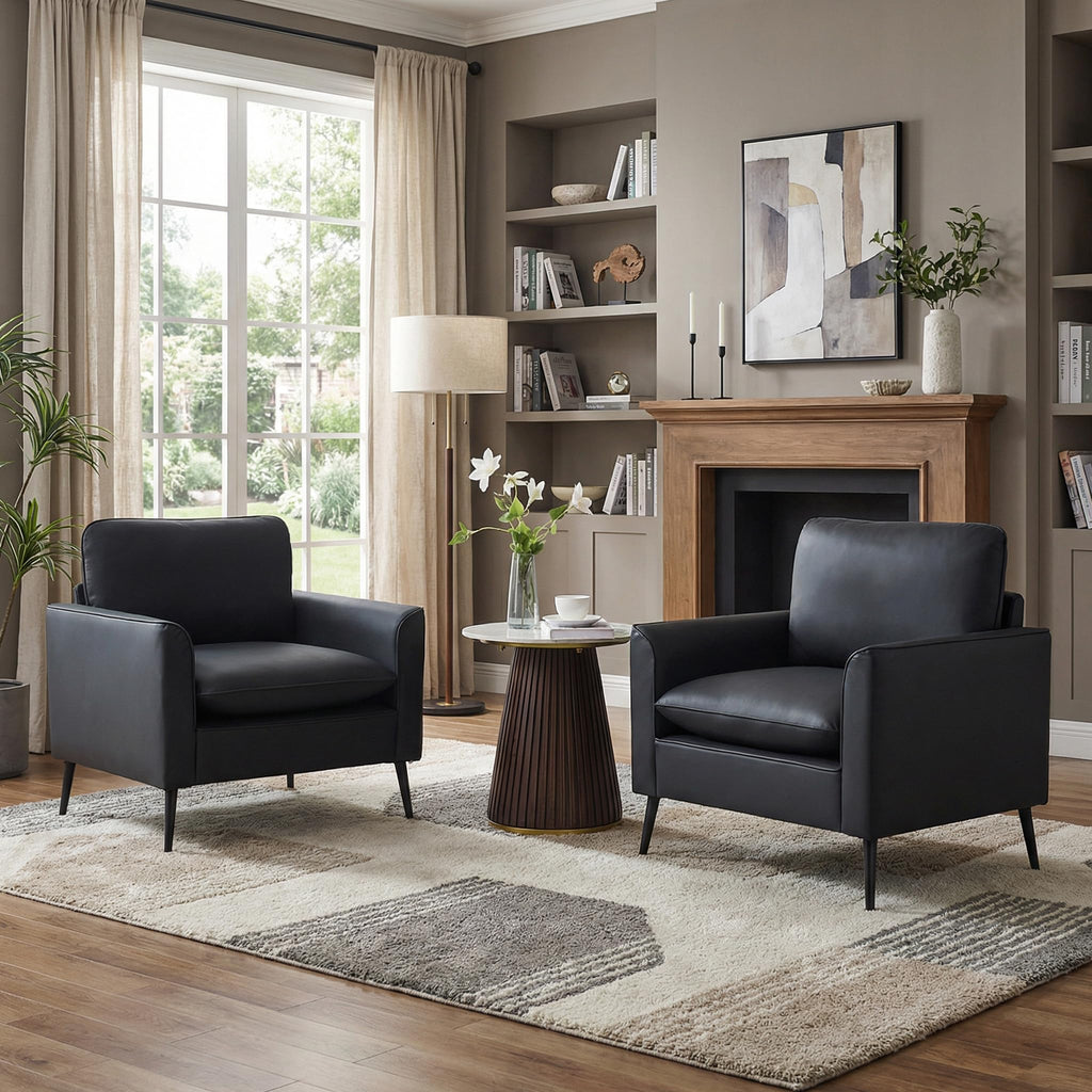 Accent Chairs Set of 2, Black Faux Leather Chairs, Mid Century Modern Comfy Living Room Chairs, Cozy Office Reading Chair, Reception Armchairs for Bedroom, Waiting Room